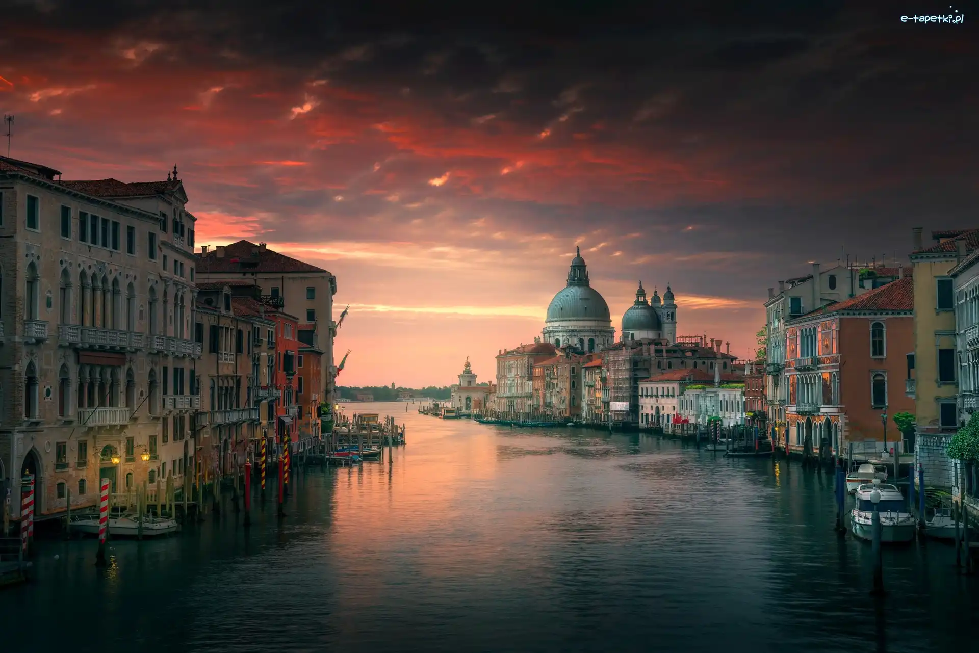 Canal Grande, Bazylika św. Marka, Kanał, Zachód słońca, Wenecja, Włochy