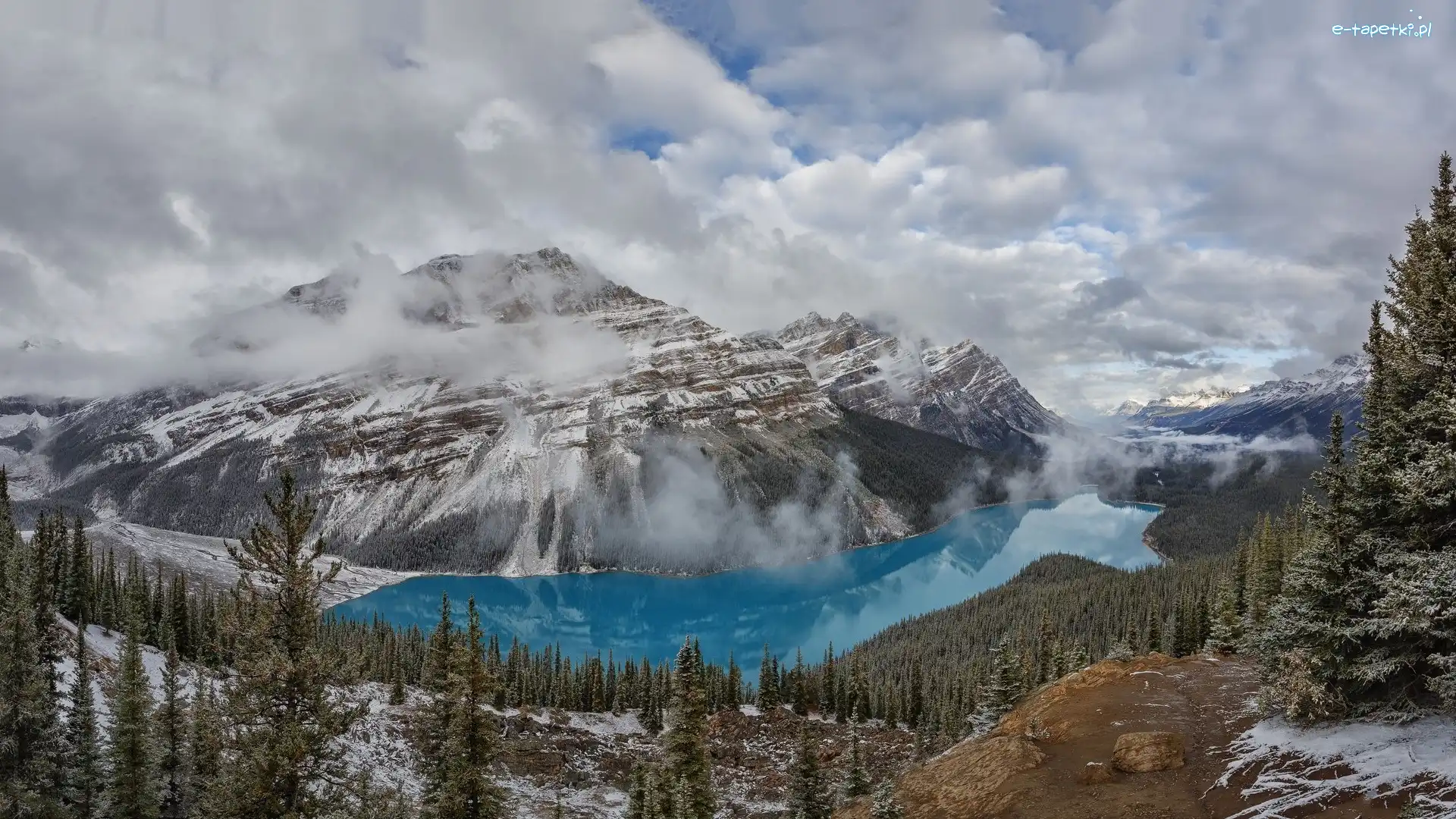 Mgła, Jezioro Peyto, Kanada, Góry Canadian Rockies, Park Narodowy Banff, Chmury, Las