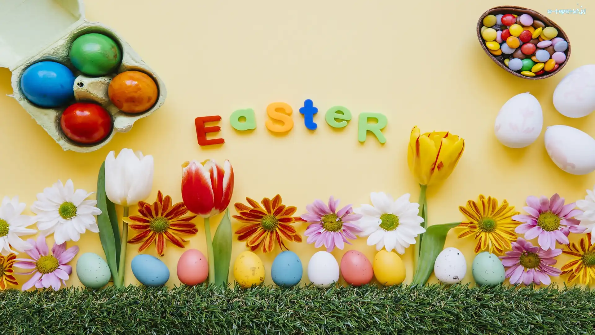 Wielkanoc, Kwiaty, Pisanki, Easter, Napis