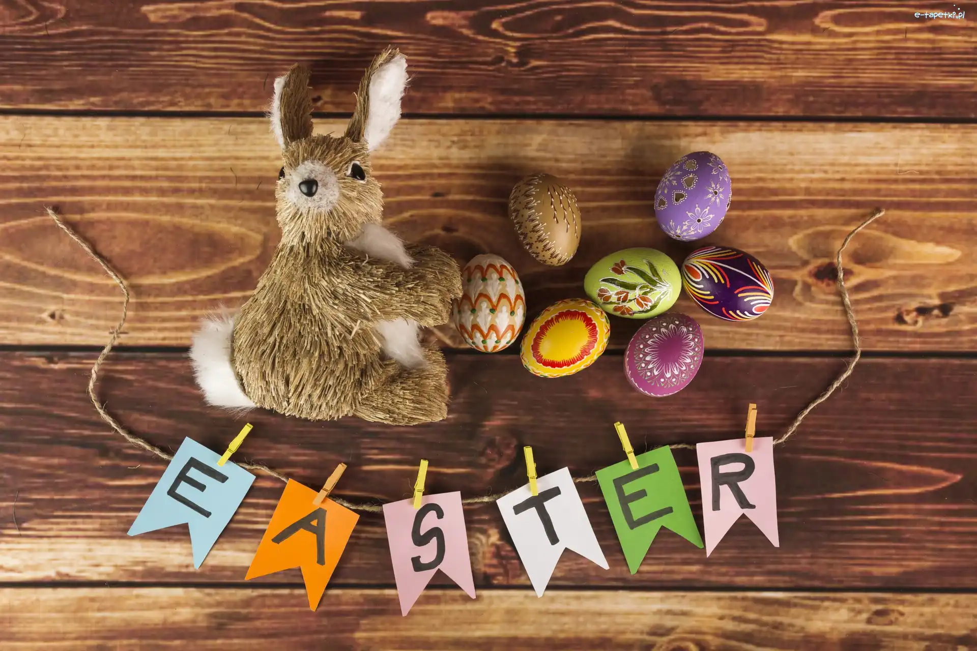Wielkanoc, Napis, Easter, Pisanki, Zajączek, Deski, Sznurek