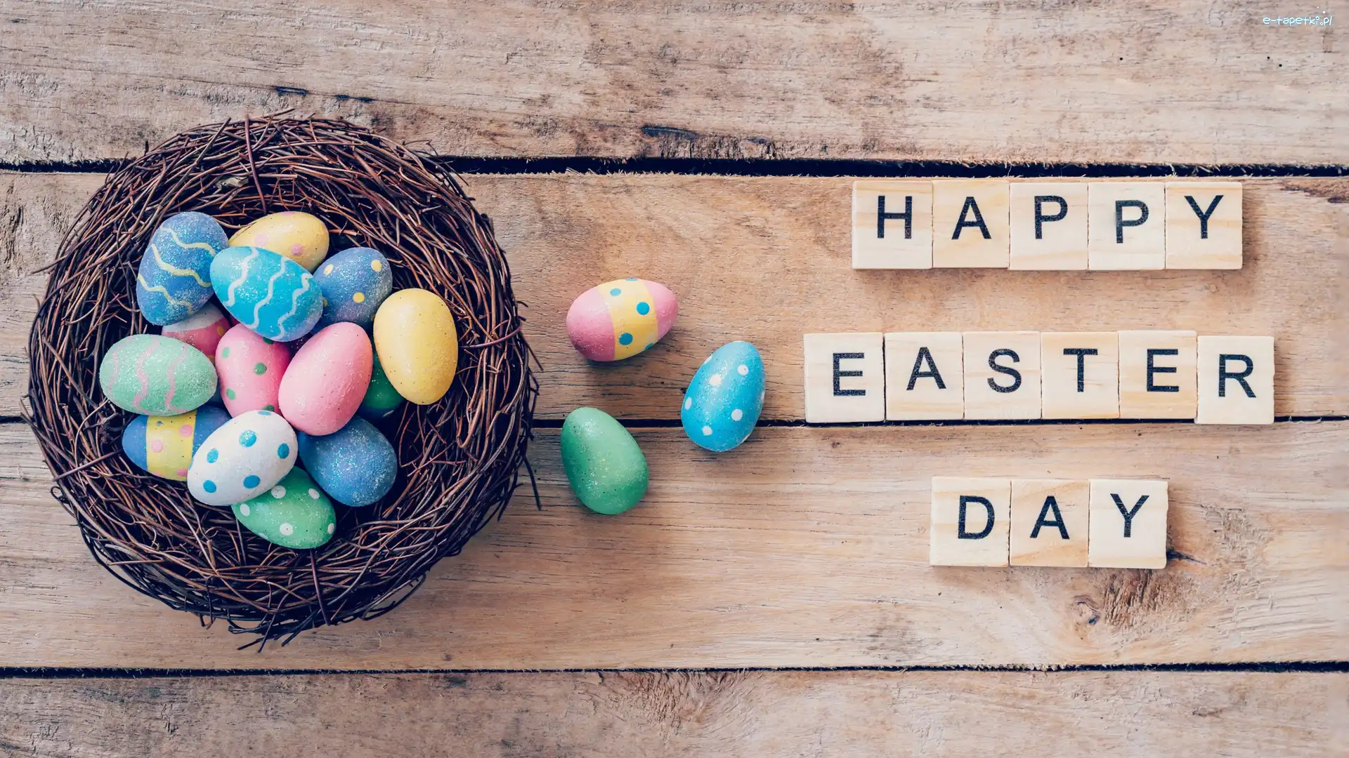 Deski, Pisanki, Życzenia, Gniazdo, Wielkanoc, Happy Easter Day, Napis