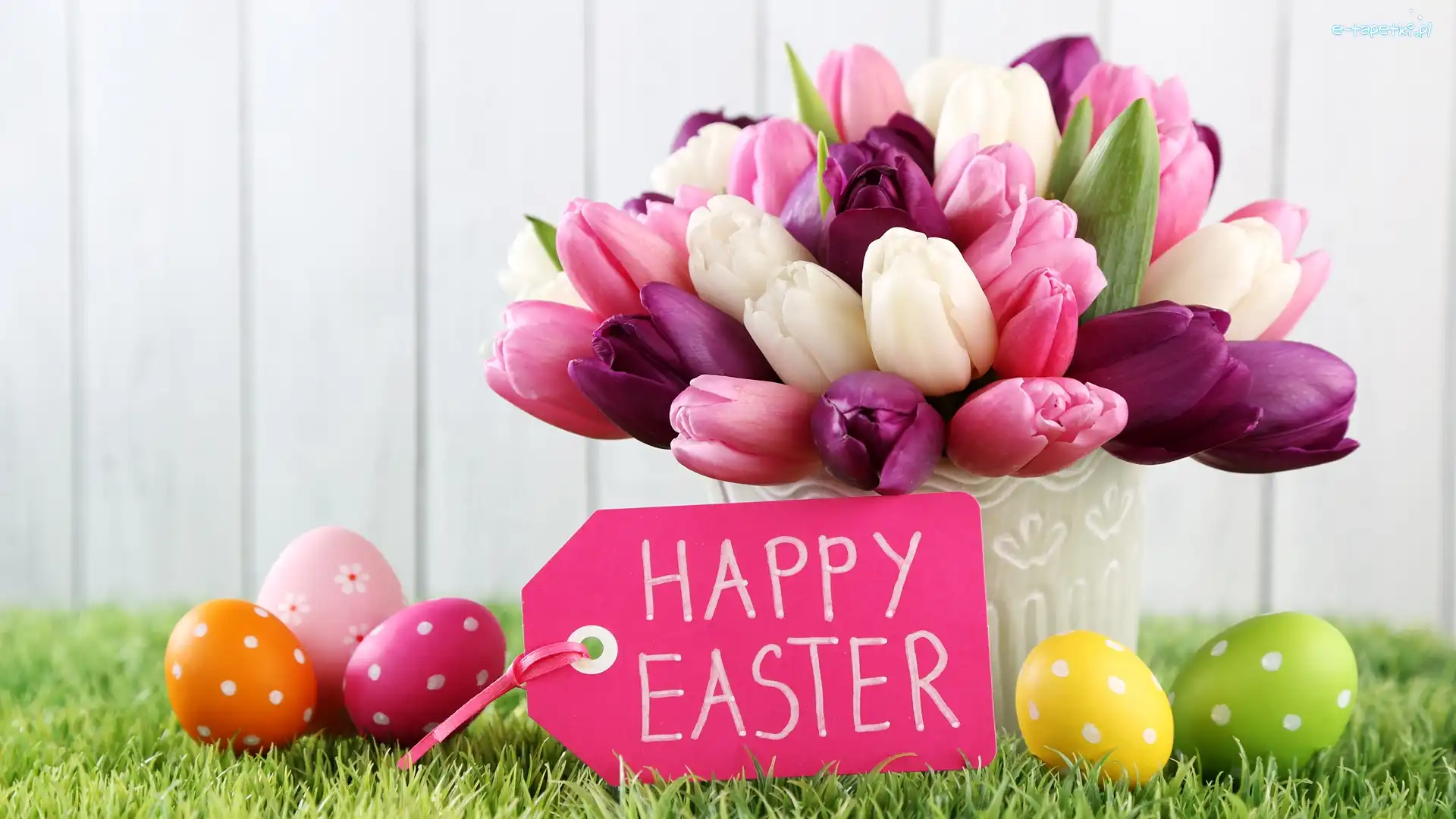 Napis, Tulipany, Pisanki, Happy Easter, Wielkanoc, Kompozycja