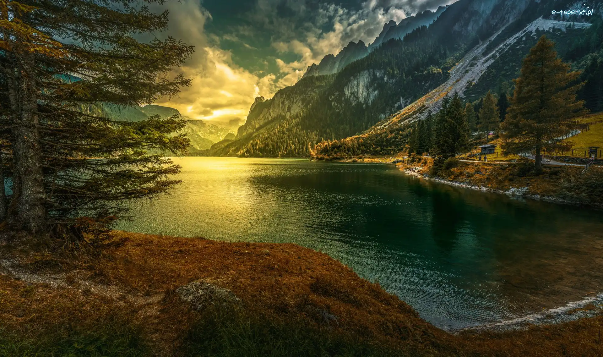 Jezioro Gosauseen, Góry Dachstein, Powiat Gmunden, Gosau, Austria, Drzewa, Lasy, Obszar Salzkammergut, Zachód słońca