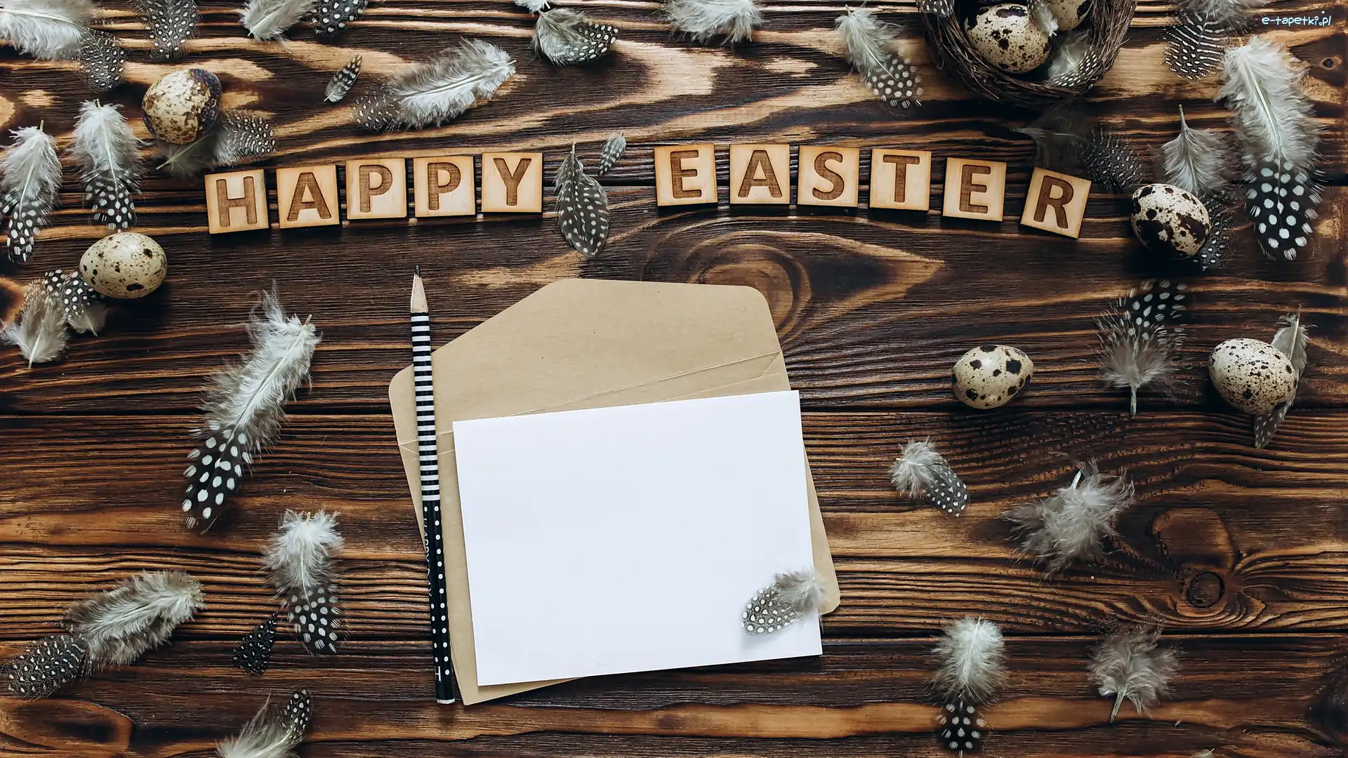 Ołówek, Jajeczka, Wielkanoc, Koperta, Happy Easter, Biała, Kartka, Piórka, Napis, Deski