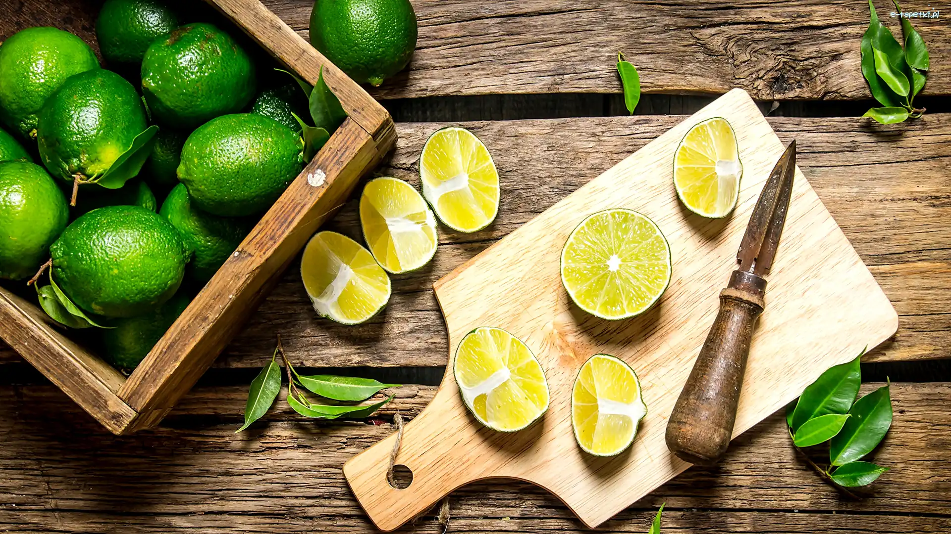 Liście, Limonki, Skrzynka, Ćwiartki, Połówki, Nóż, Deska