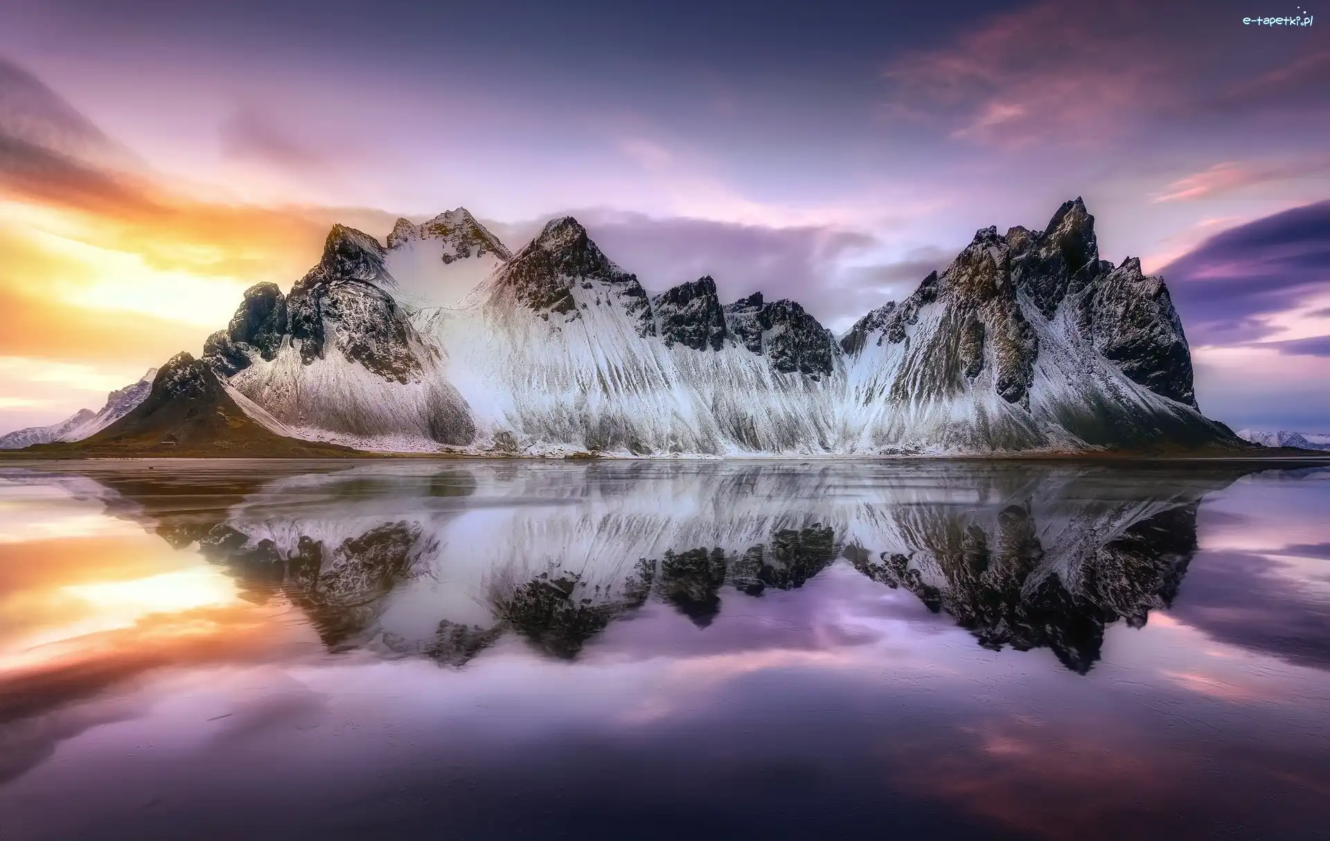 Odbicie, Góra Vestrahorn, Morze, Zachód słońca, Ośnieżona, Islandia