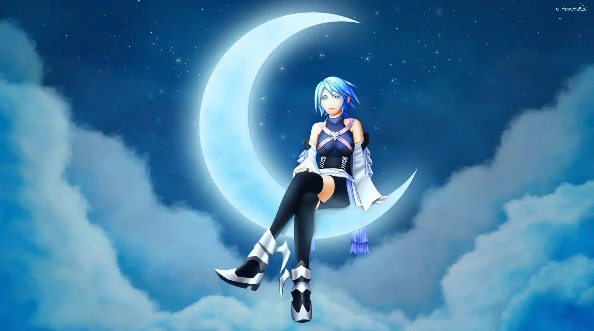 Aqua, Kingdom Hearts Birth by Sleep, Noc, Chmury, Dziewczyna, Księżyc, Niebo, Gra