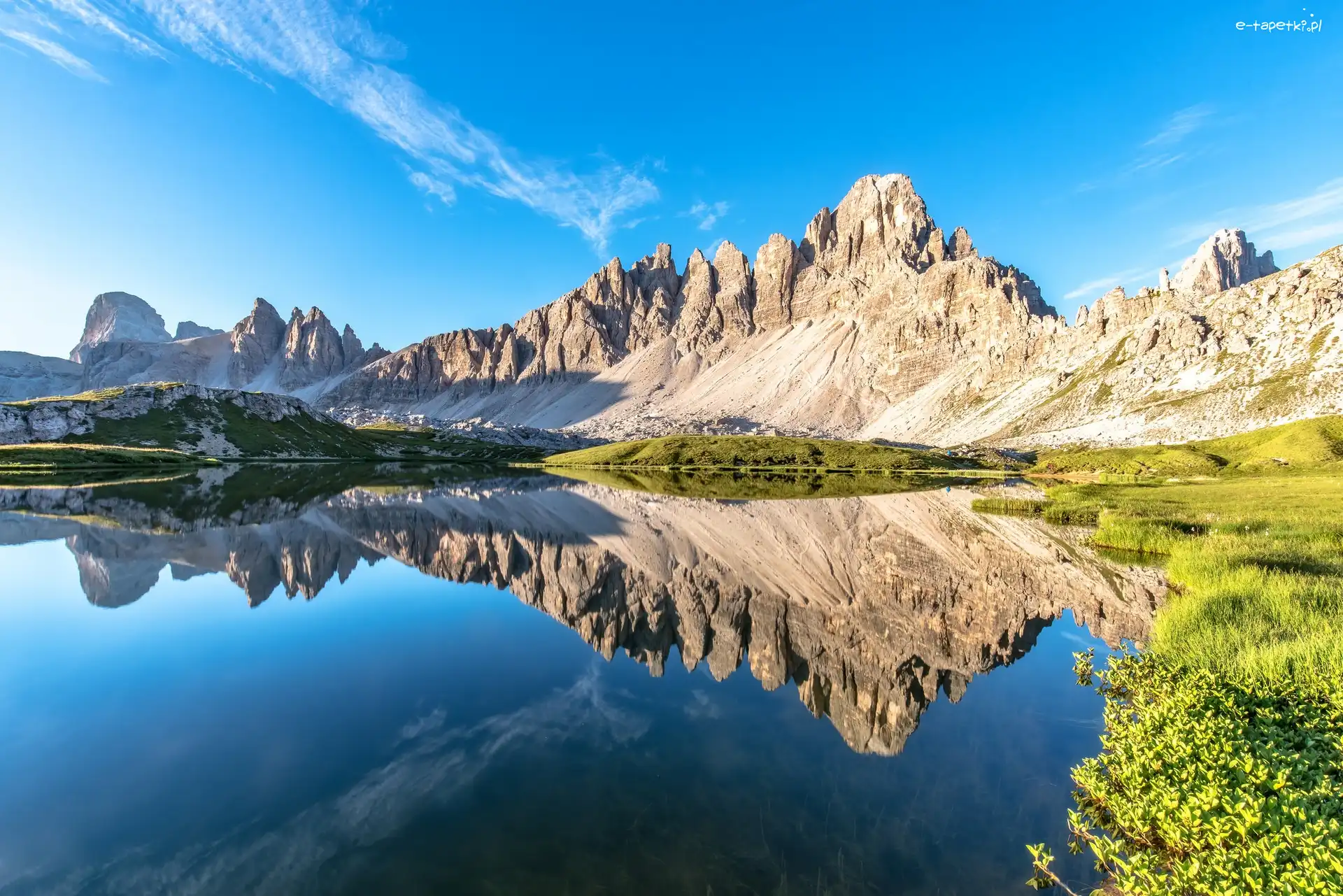 Masyw Odle, Góry, Prowincja Bozen-Sudtirol, Tyrol Południowy, Włochy, Odbicie, Jezioro, Dolomity, Szczyty