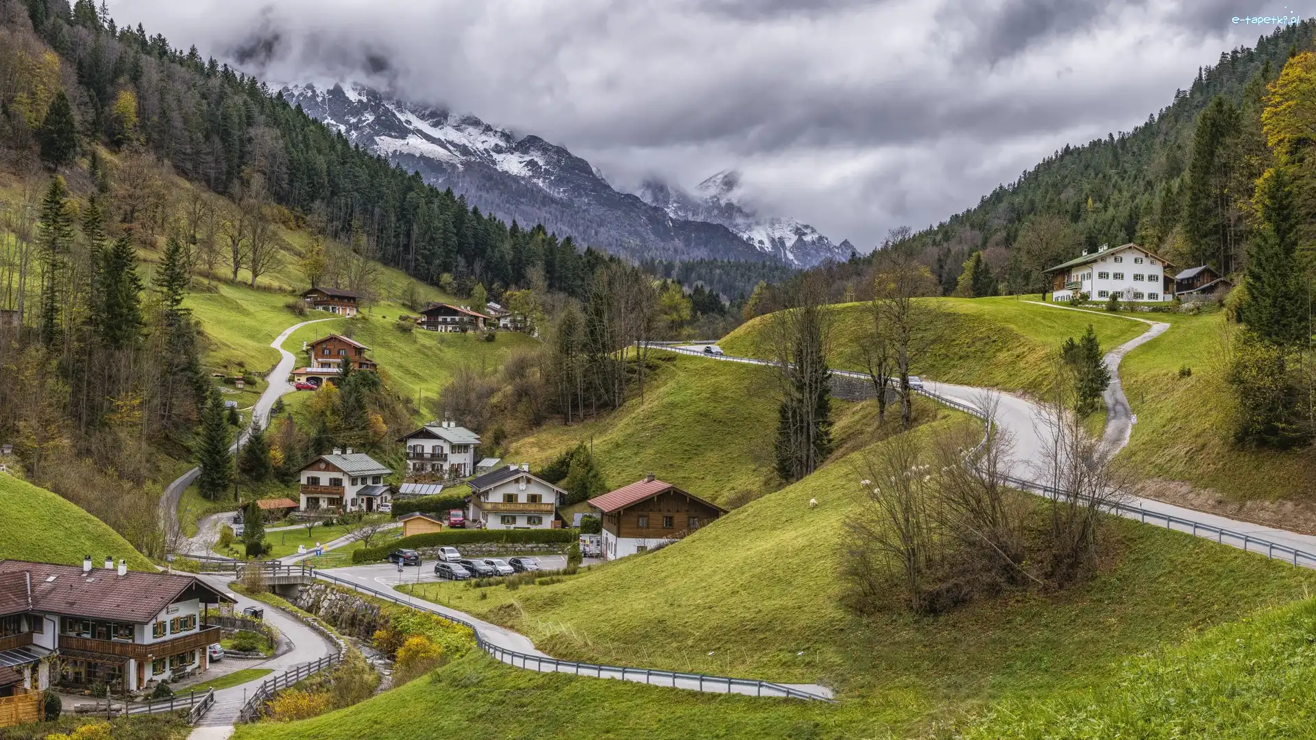 Domy, Wieś, Powiat Leuk, Gmina Albinen, Szwajcaria, Drzewa, Góry, Kanton Valais, Drogi