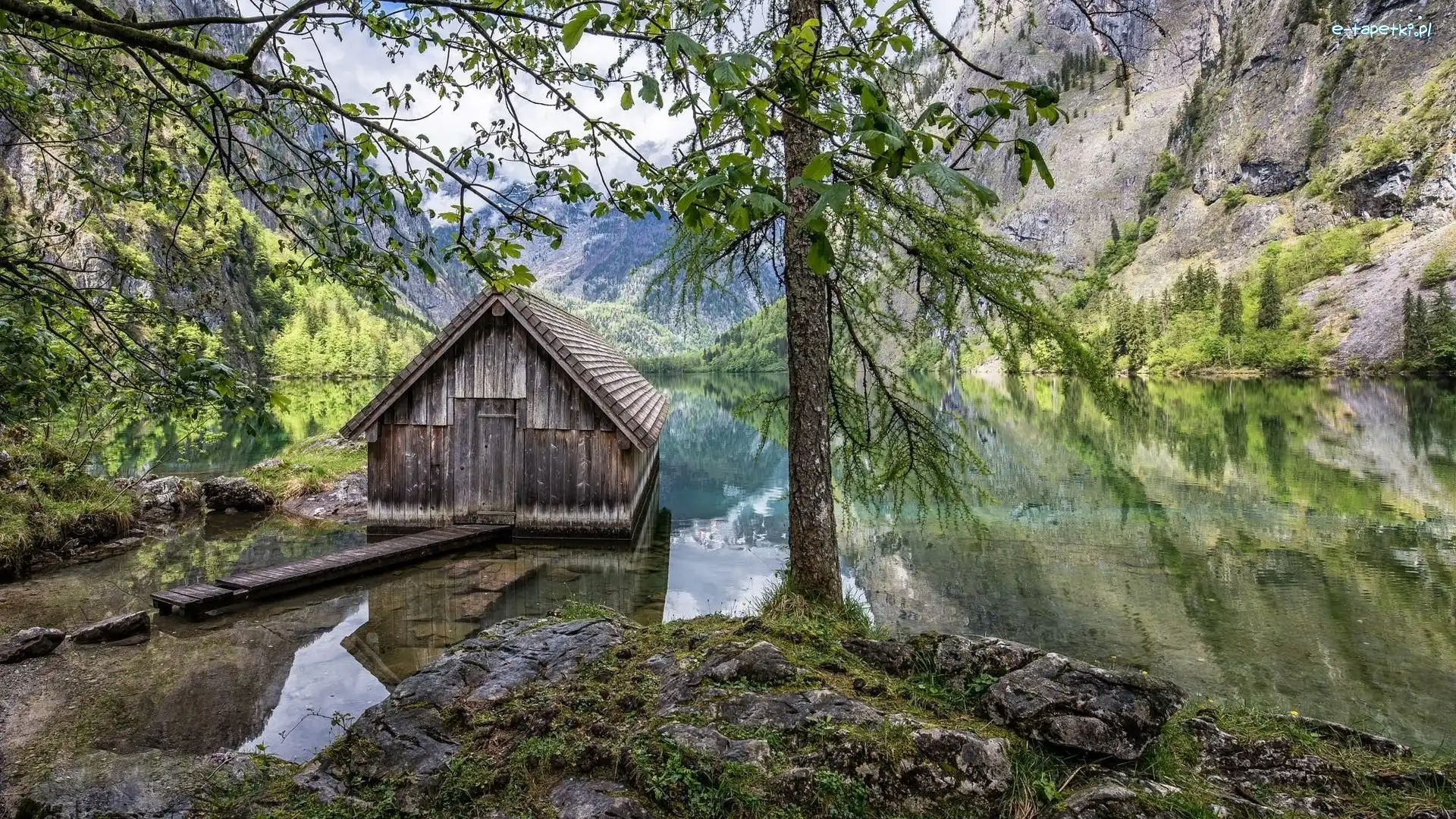Niemcy, Park Narodowy Berchtesgaden, Góry, Drzewo, Bawaria, Drewniana, Chata, Jezioro Konigssee