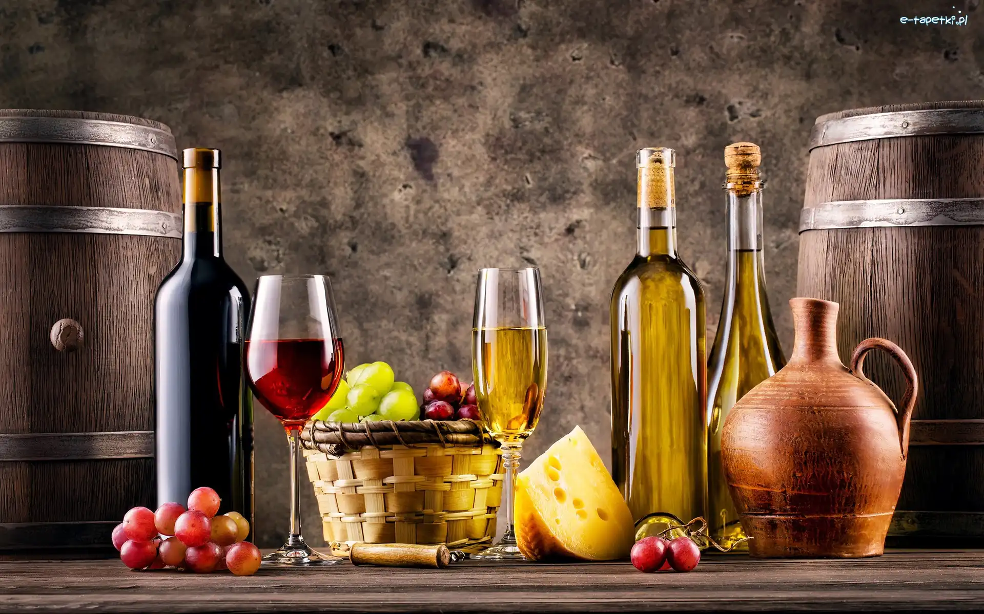 Winogrona, Butelki, Kieliszki, Ser, Wino, Beczki