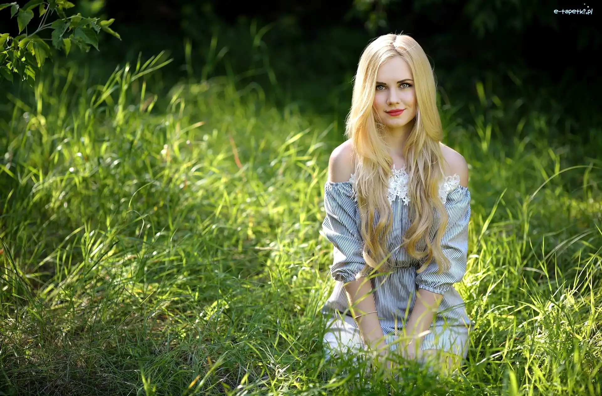 Blondynka, Trawa, Makijaż, Kobieta