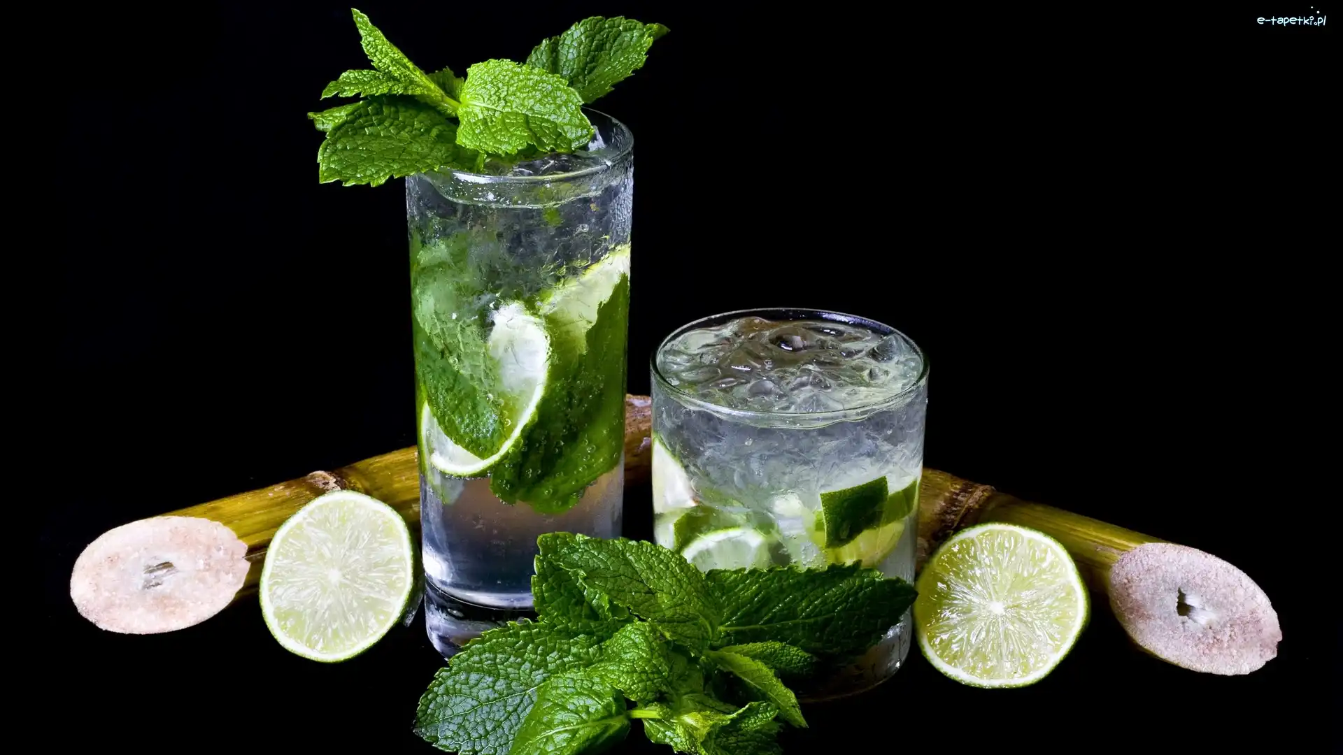 Mięta, Mojito, Tło, Ciemne, Szklanki, Limonka, Lód, Drink