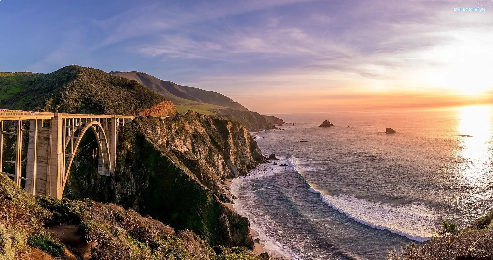 Kalifornia, Wybrzeże, Wschód słońca, Morze, Region Big Sur, Stany Zjednoczone, Góry, Most Bixby Creek Bridge