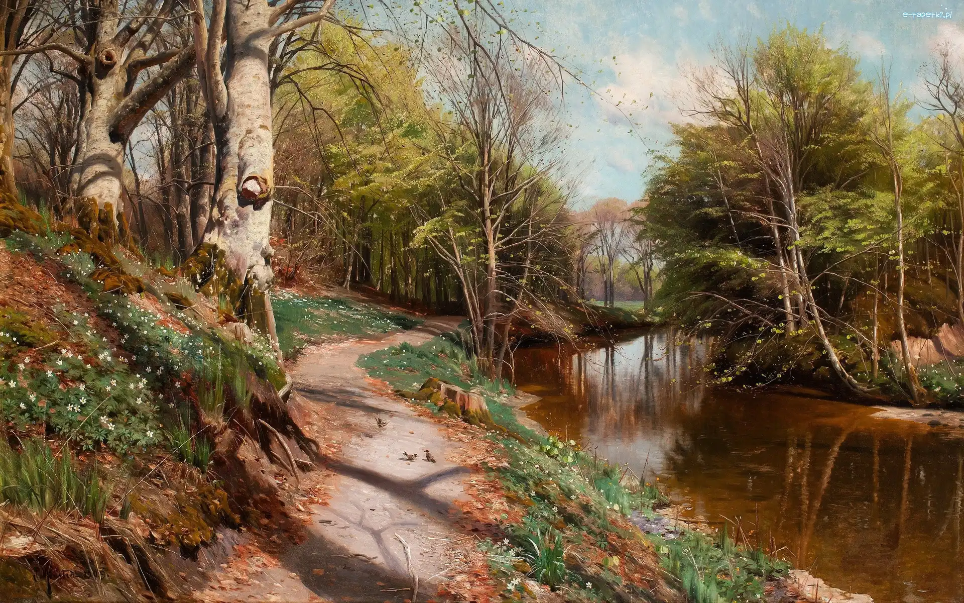 Rzeka, Drzewa, Droga, Peder Monsted, Malarstwo