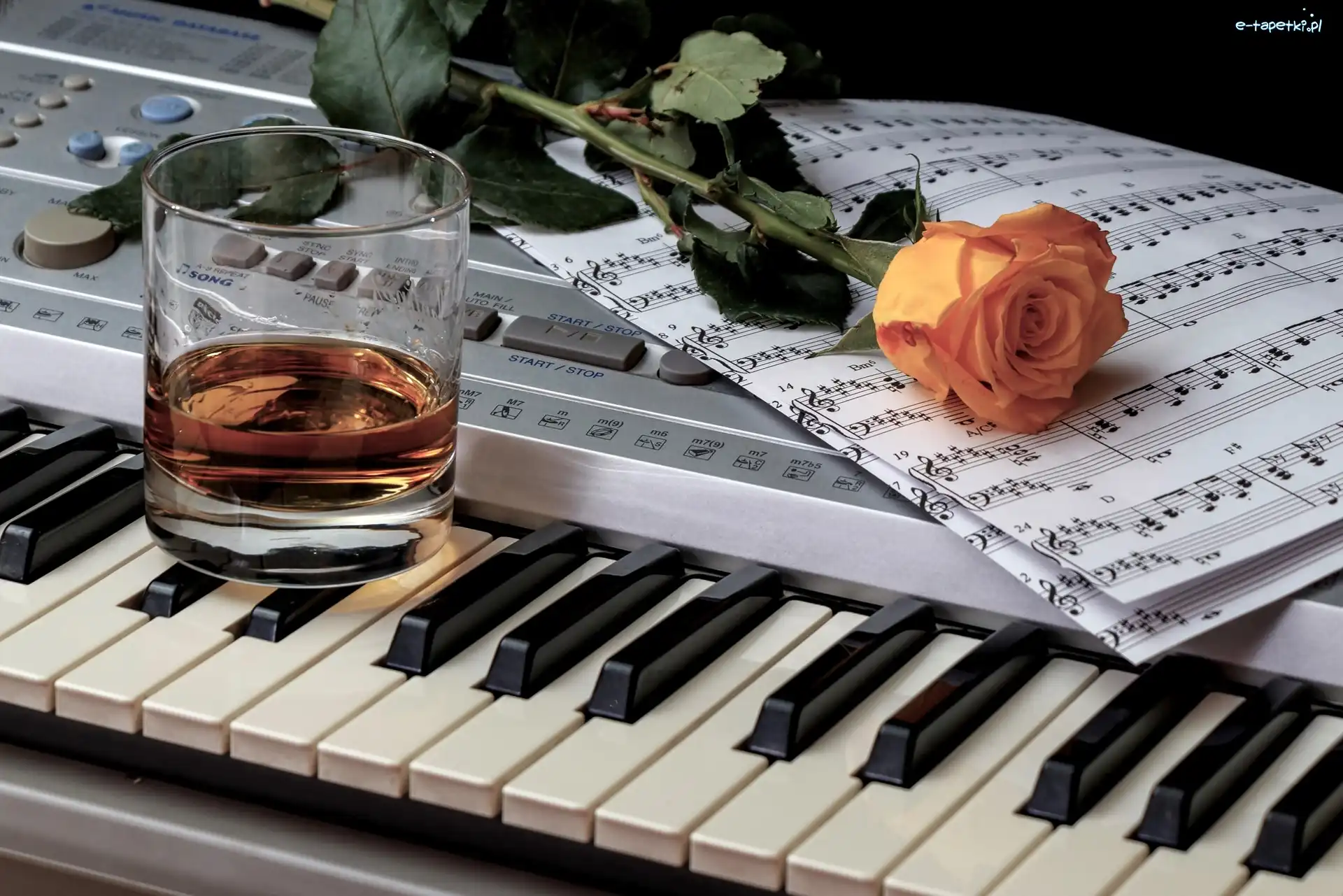 Instrument muzyczny, Nuty, Szklanka, Keyboard, Róża, Herbaciana