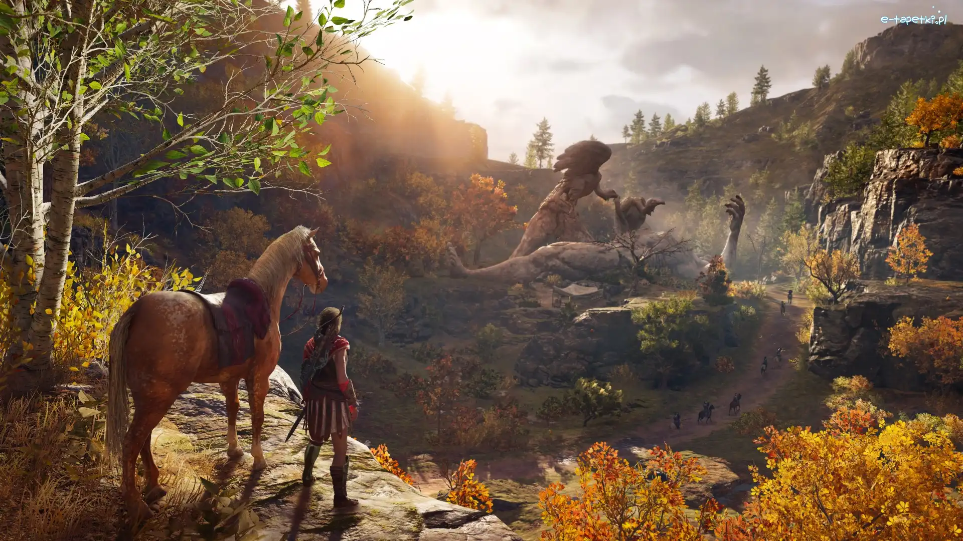 Jesień, Assassins Creed Odyssey, Drzewa, Droga, Obserwacja, Koń, Postać, Gra