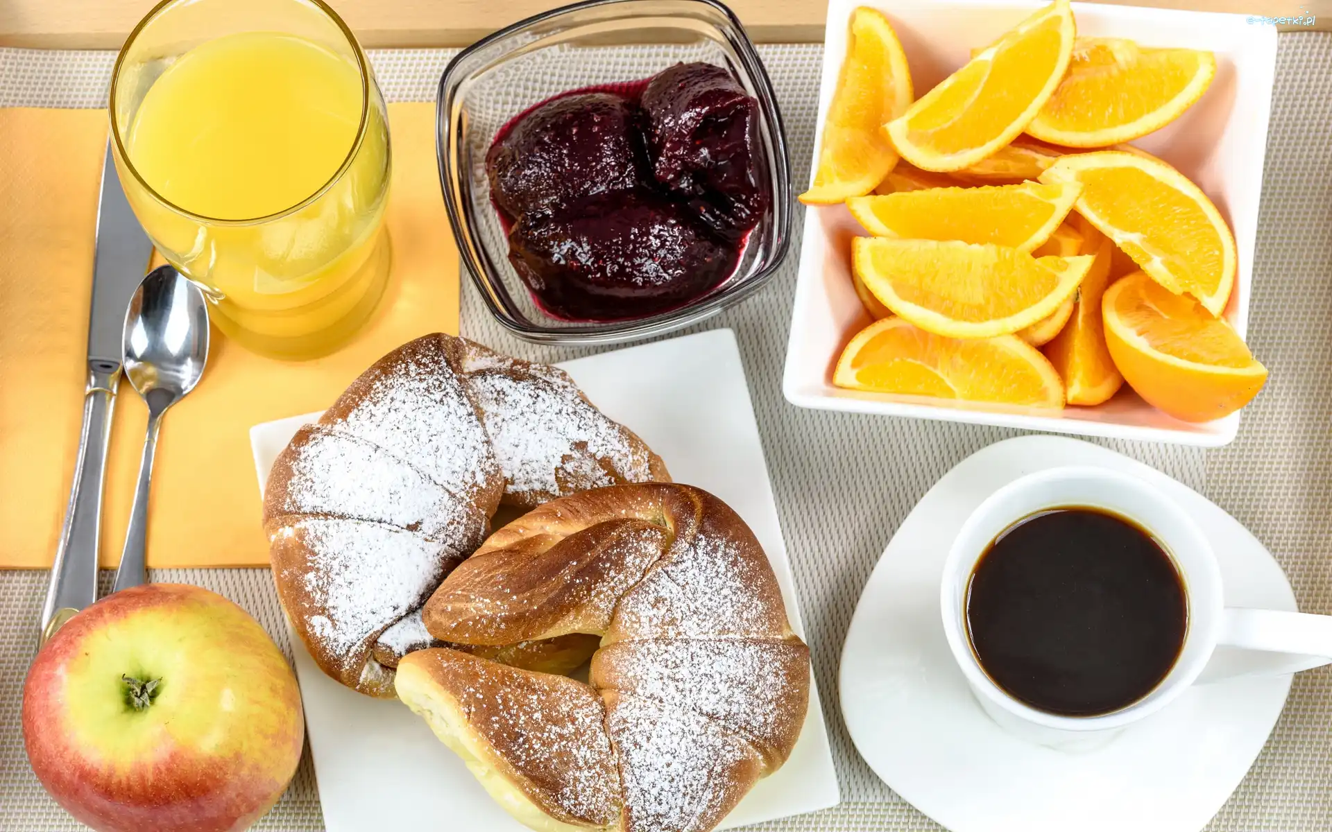 Jabłko, Rogaliki, Dżem, Kawa, Śniadanie, Pomarańcze, Sok
