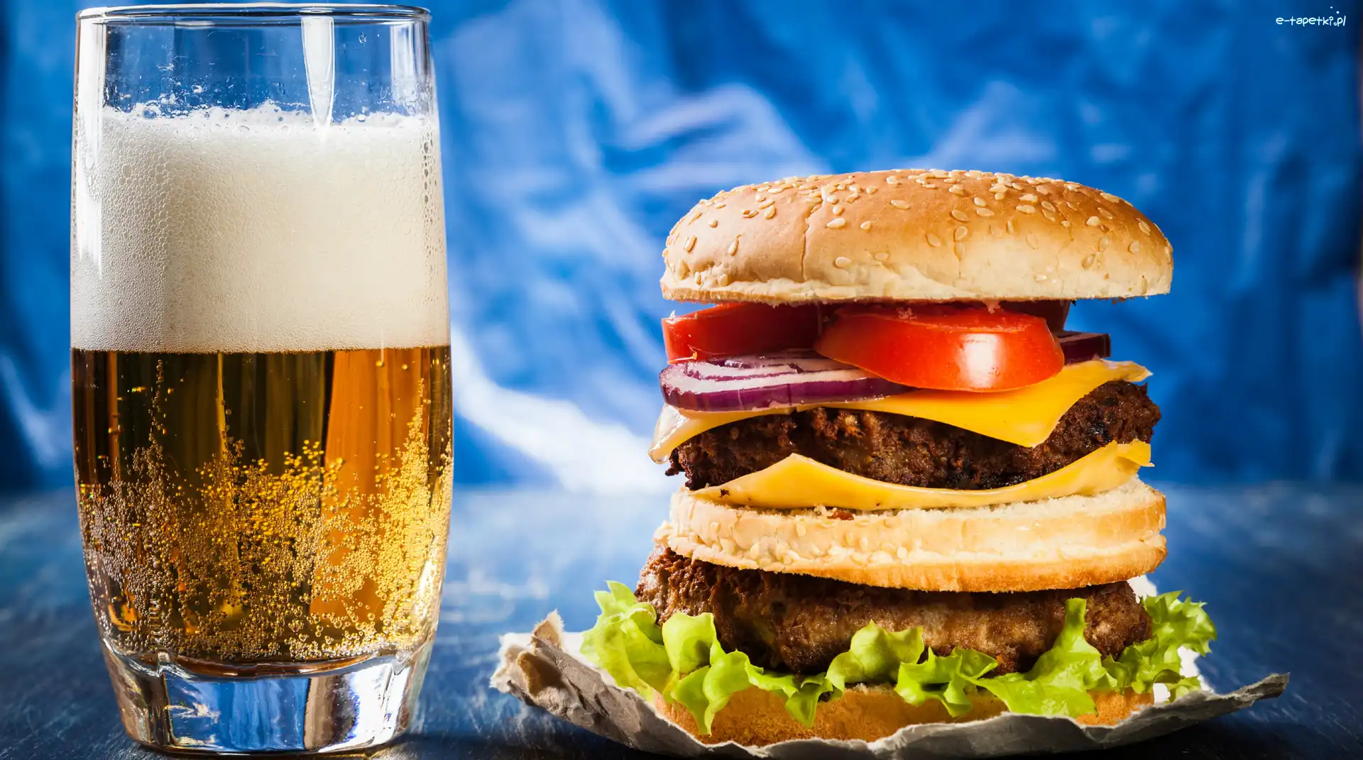 Sałata, Bułka, Pomidor, Hamburger, Piwo, Ser, Plasterki
