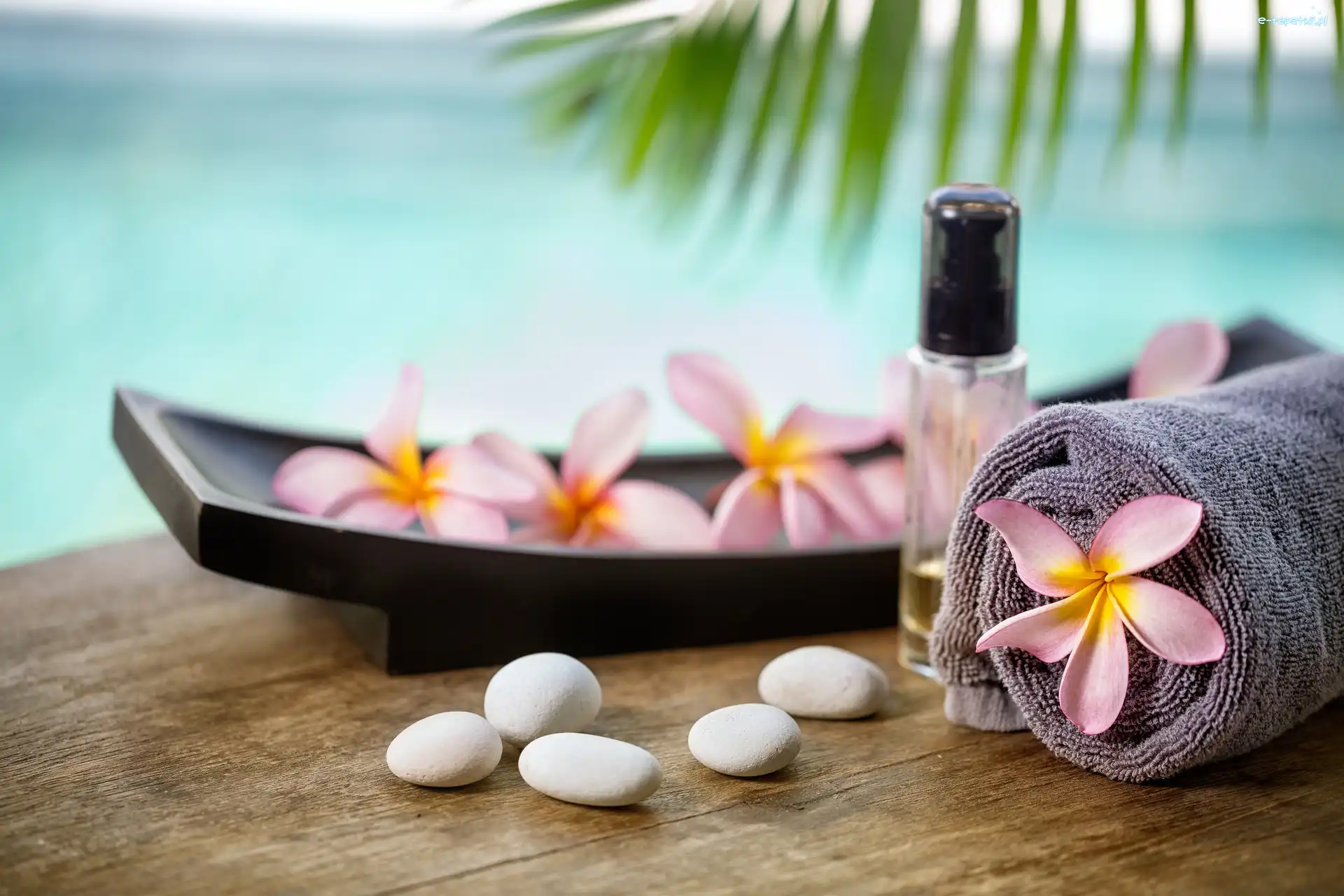 Plumeria, Kamyki, Buteleczka, Kwiaty, Ręcznik, SPA