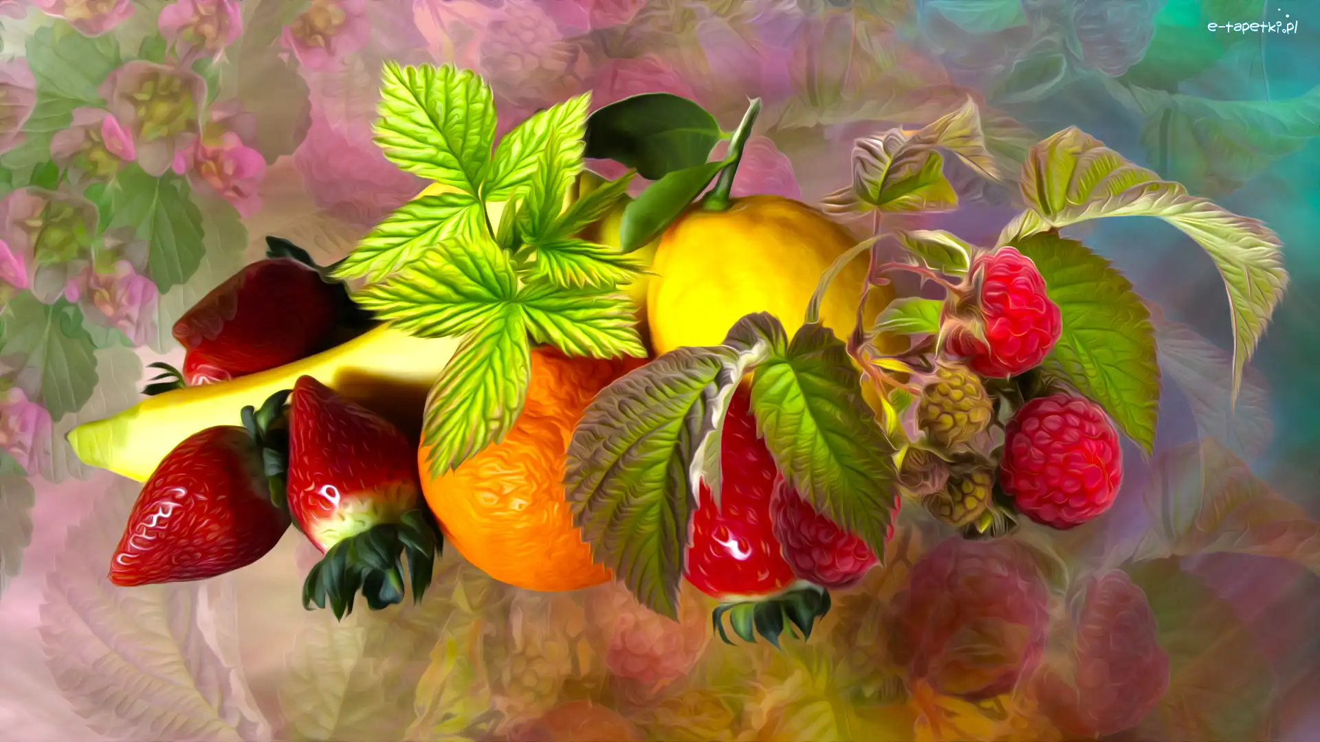 Maliny, Pomarańcza, Cytryna, Grafika, Truskawki, Owoce