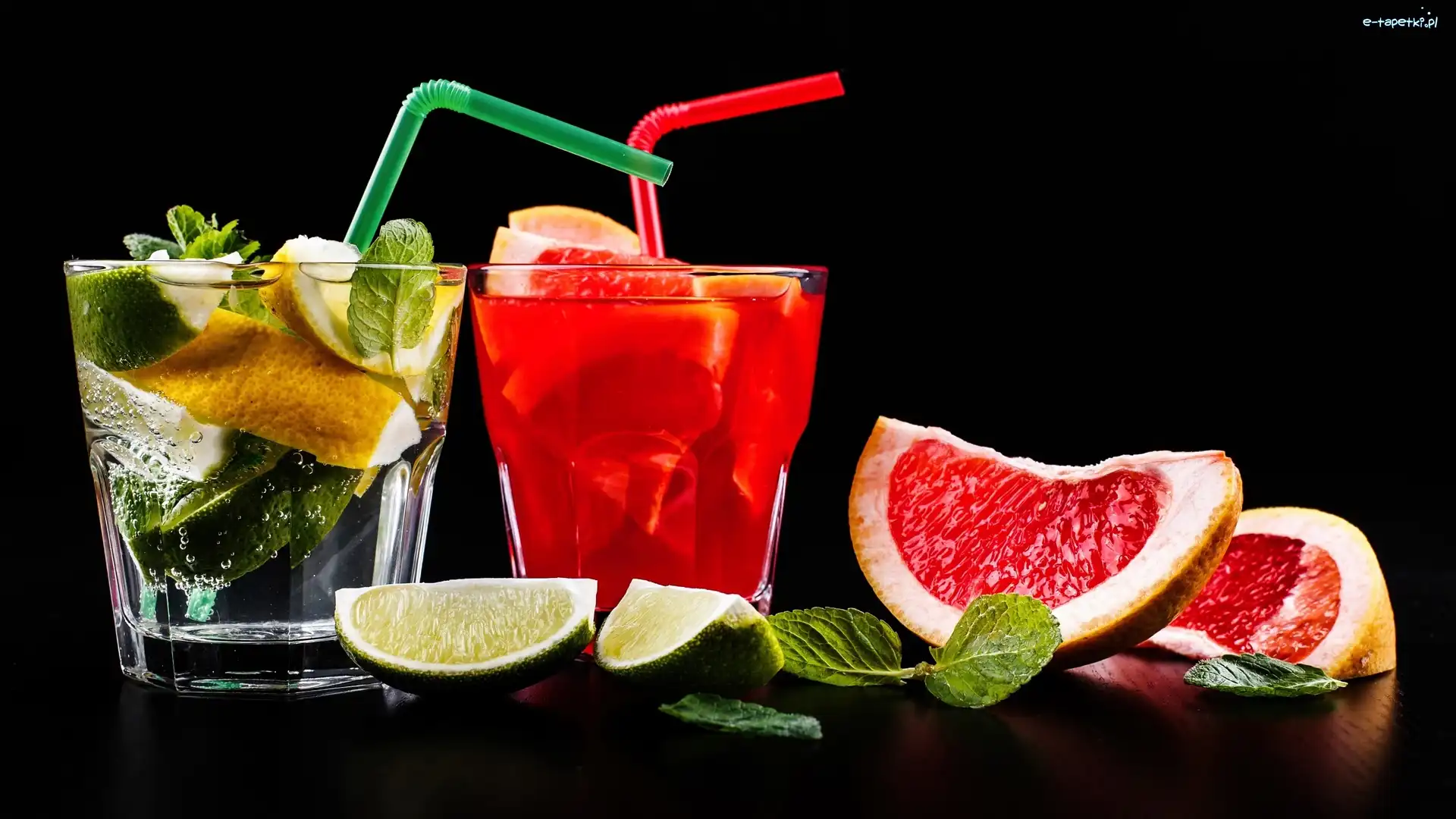 Słomki, Grejpfrut, Lód, Limonka, Napoje, Mięta, Szklanki