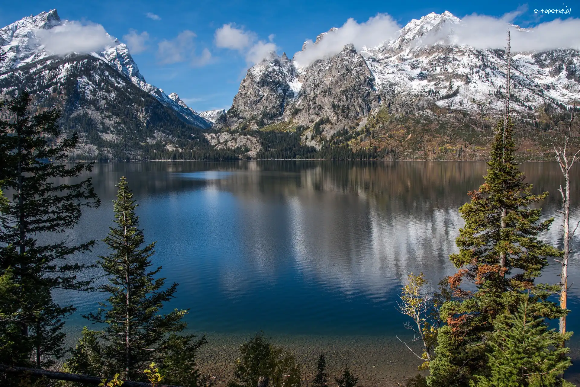 Chmury, Park Narodowy Grand Teton, Jezioro Jenny Lake, Stan Wyoming, Stany Zjednoczone, Drzewa, Góry