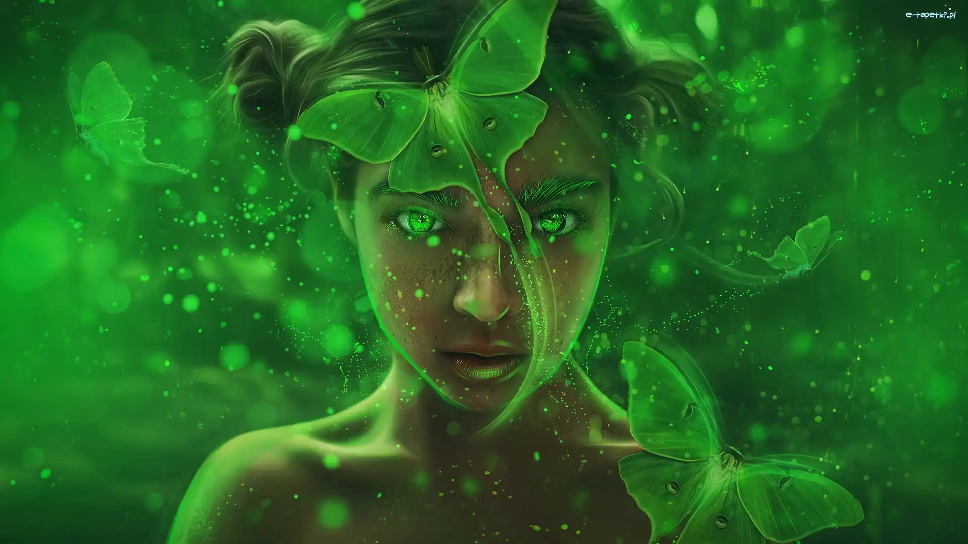 Kobieta, Zieleń, Motyle, Fantasy, Grafika