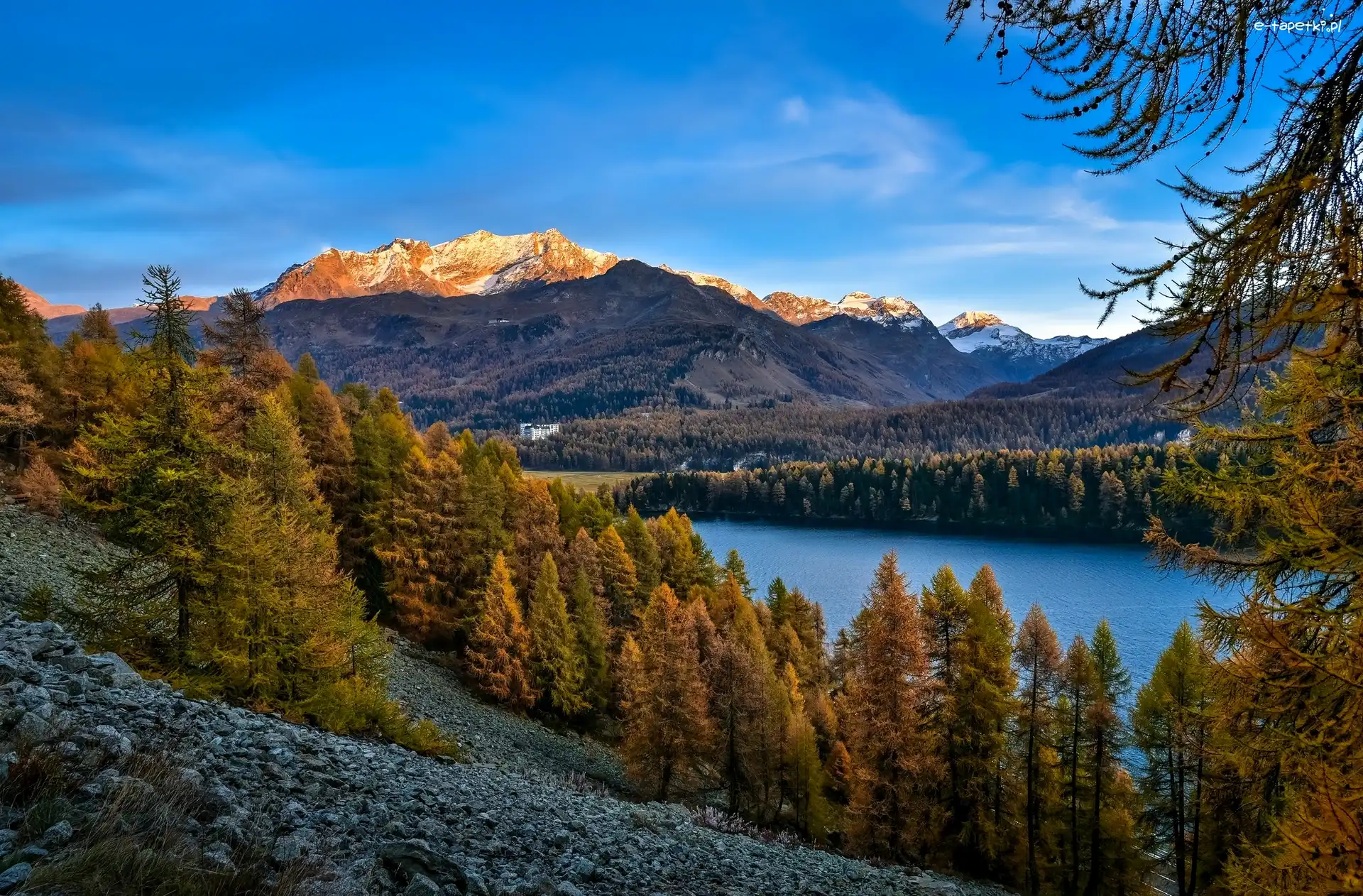 Jesień, Góry, Drzewa, Kamienie, Jezioro