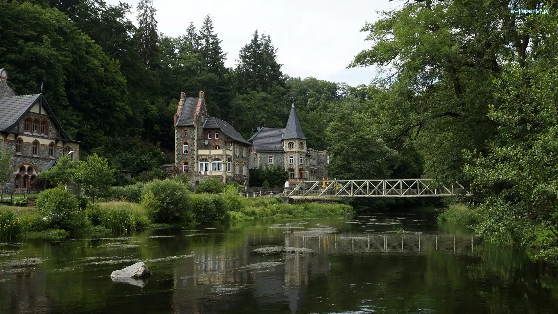 Most, Rzeka, Saksonia-Anhalt, Treseburg, Hotel Bodeblick, Roslinność, Drzewa, Niemcy, Domy