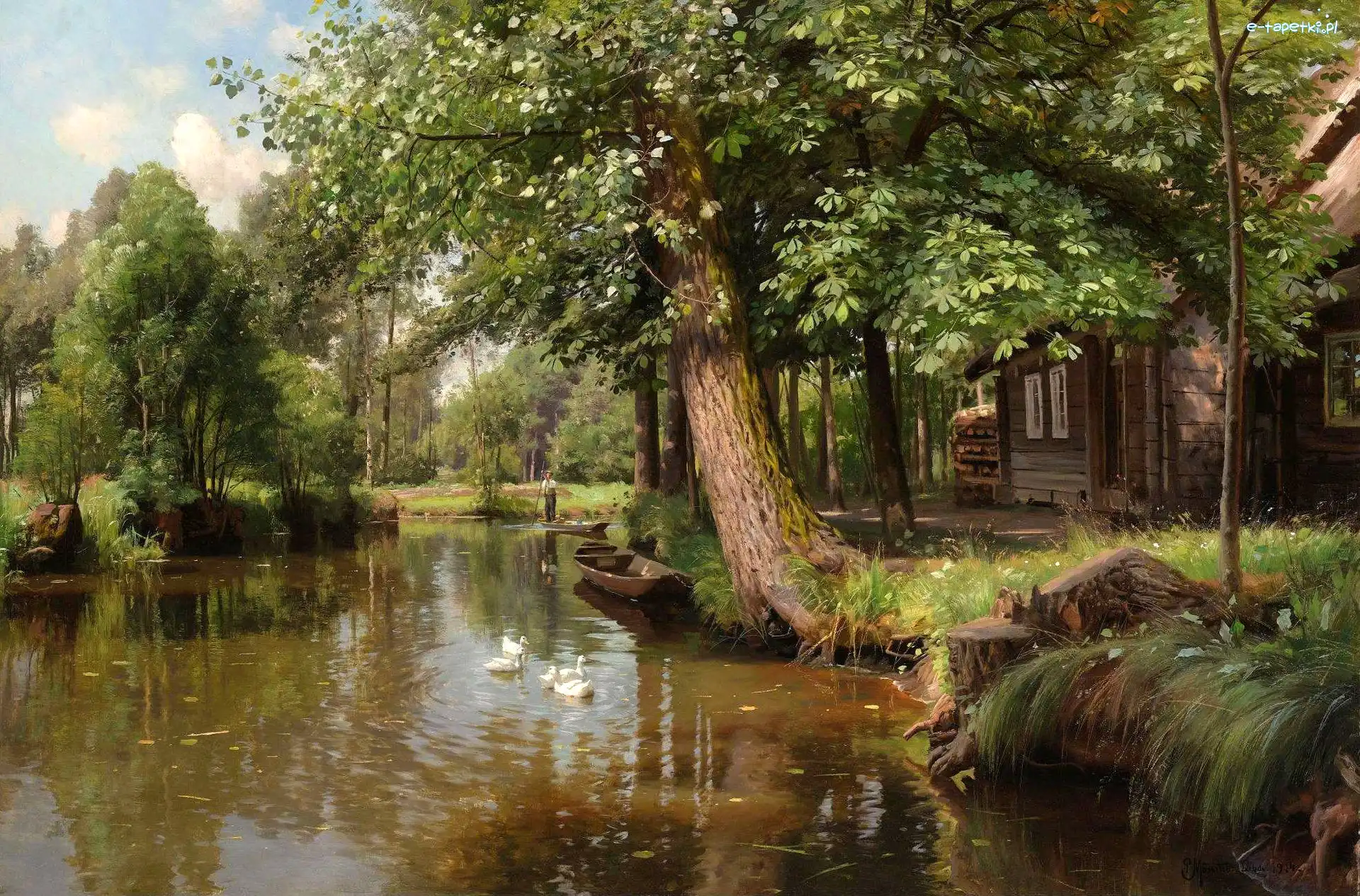 Rzeka, Peder Monsted, Dom, Kaczki, Obraz, Drzewa, Łódki, Malarstwo
