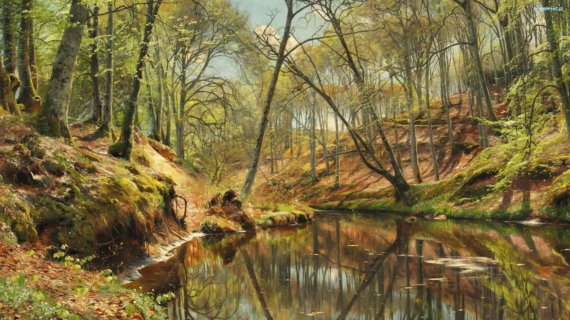 Malarz, Las Saeby, Rzeka, Peder Monsted, Wiosna, Obraz