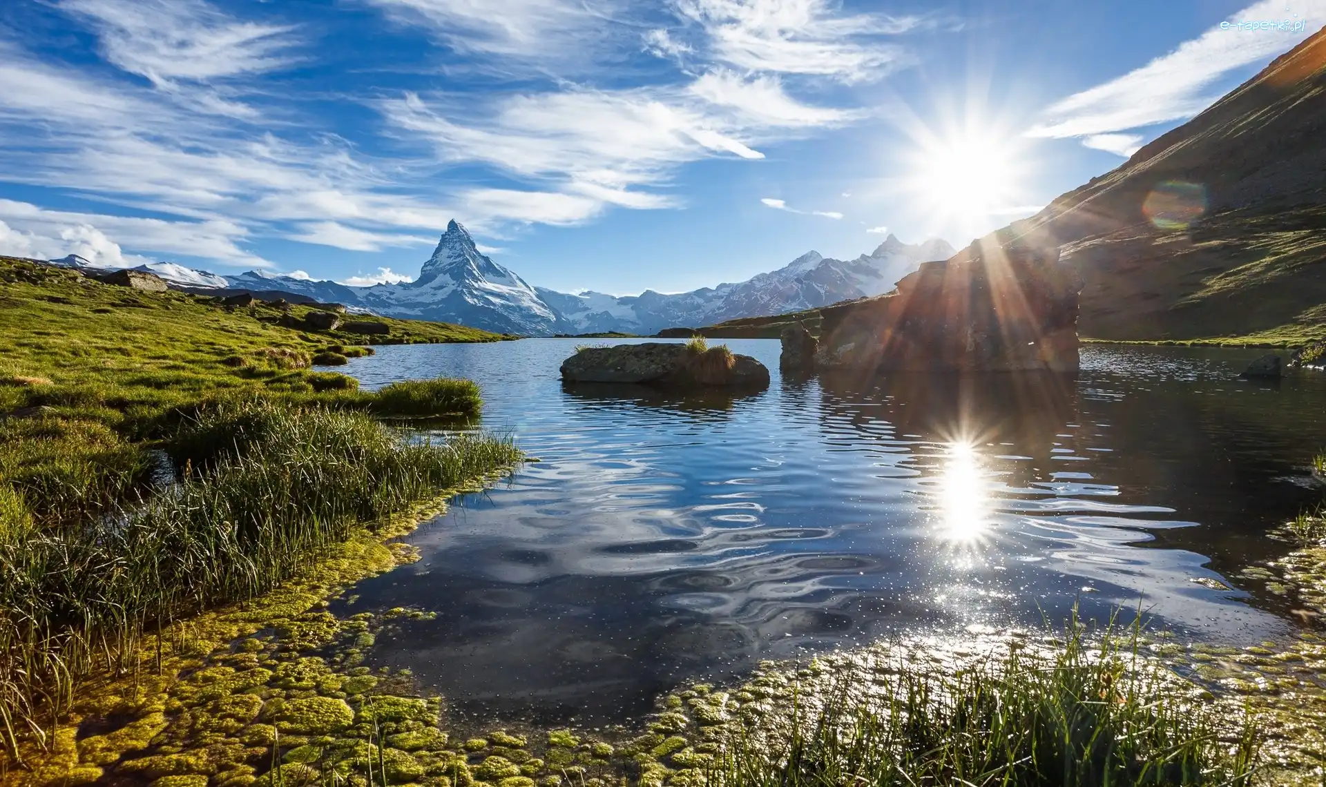 Kamienie, Jezioro Stellise, Szwajcaria, Promienie słońca, Szczyt Matterhorn, Góry Alpy