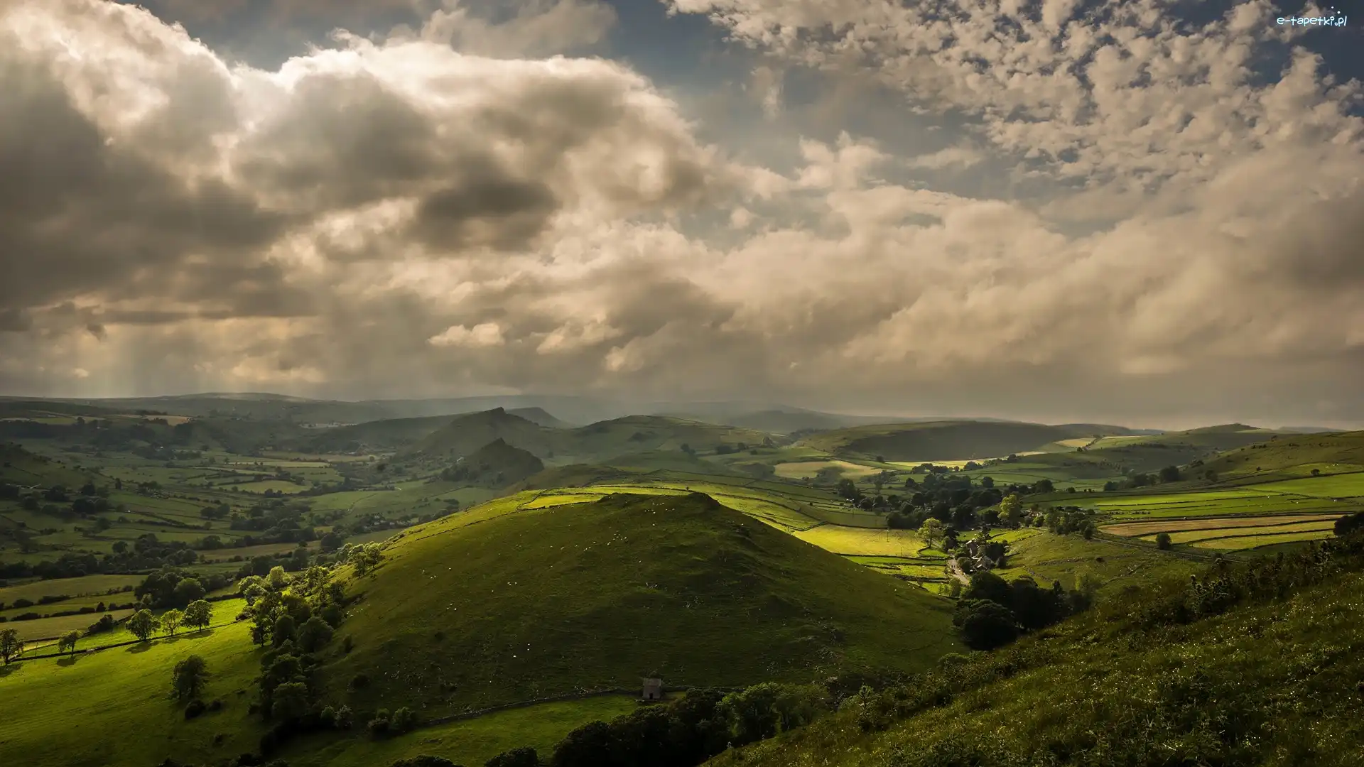 Drzewa, Wieś Earl Sterndale, Hrabstwo Derbyshire, Pola, Wzgórza, Chmury, Anglia