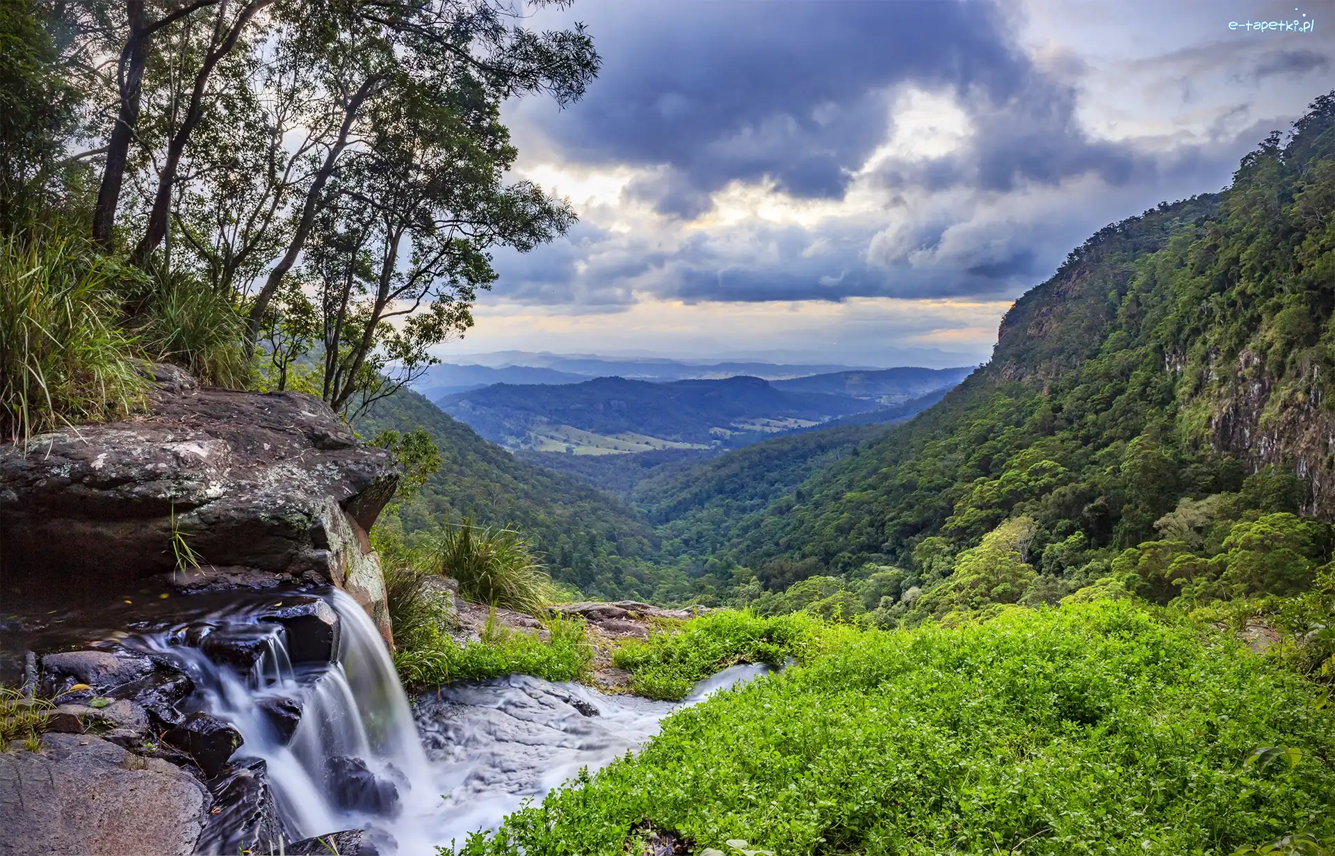 Góry, Queensland, Chmury, Drzewa, Park Narodowy Lamington, Wzgórze O Reilly, Wodospad Morans Falls, Australia