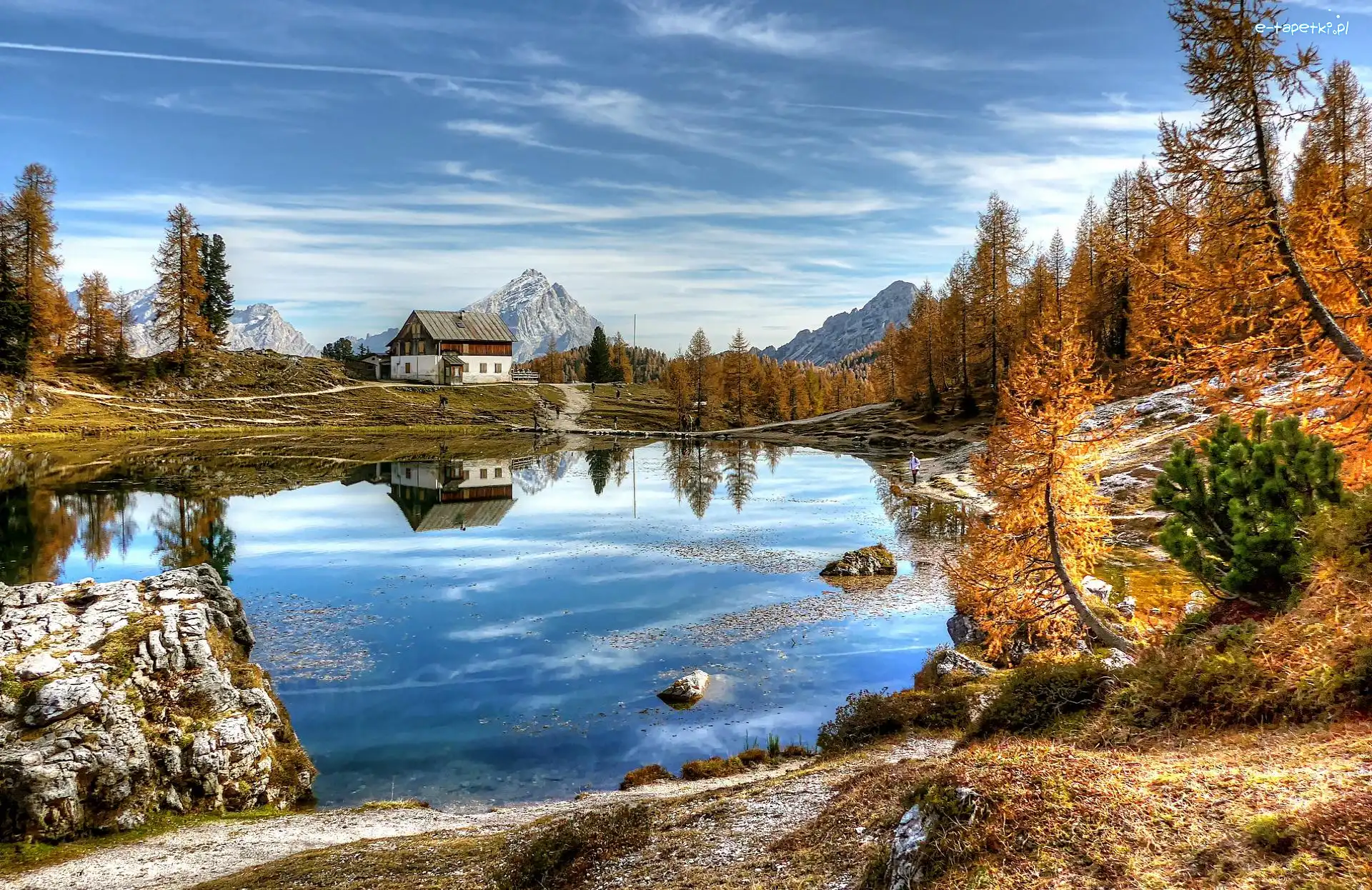 Drzewa, Włochy, Góry Dolomity, Prowincja Belluno, Jezioro Lago Federa, Dom, Schronisko