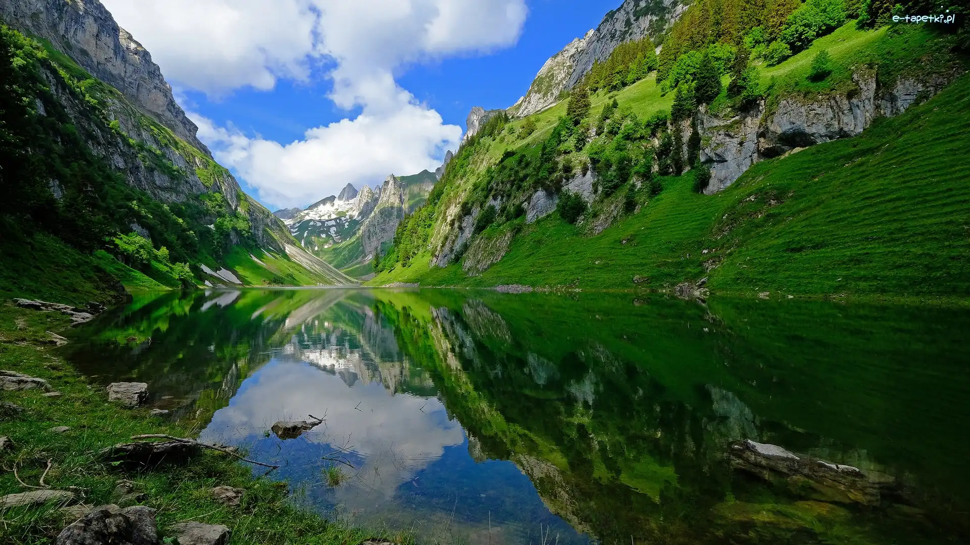 Odbicie, Kanton Appenzell Innerrhoden, Góry Alpy, Gmina Rute, Szwajcaria, Chmury, Jezioro Falensee