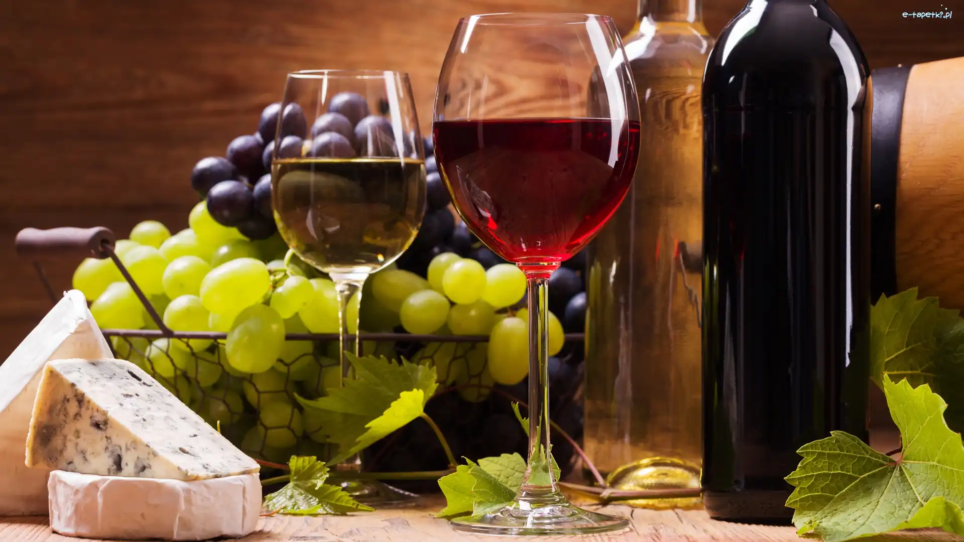 Wino, Butelki, Kieliszki, Ser, Winogrona