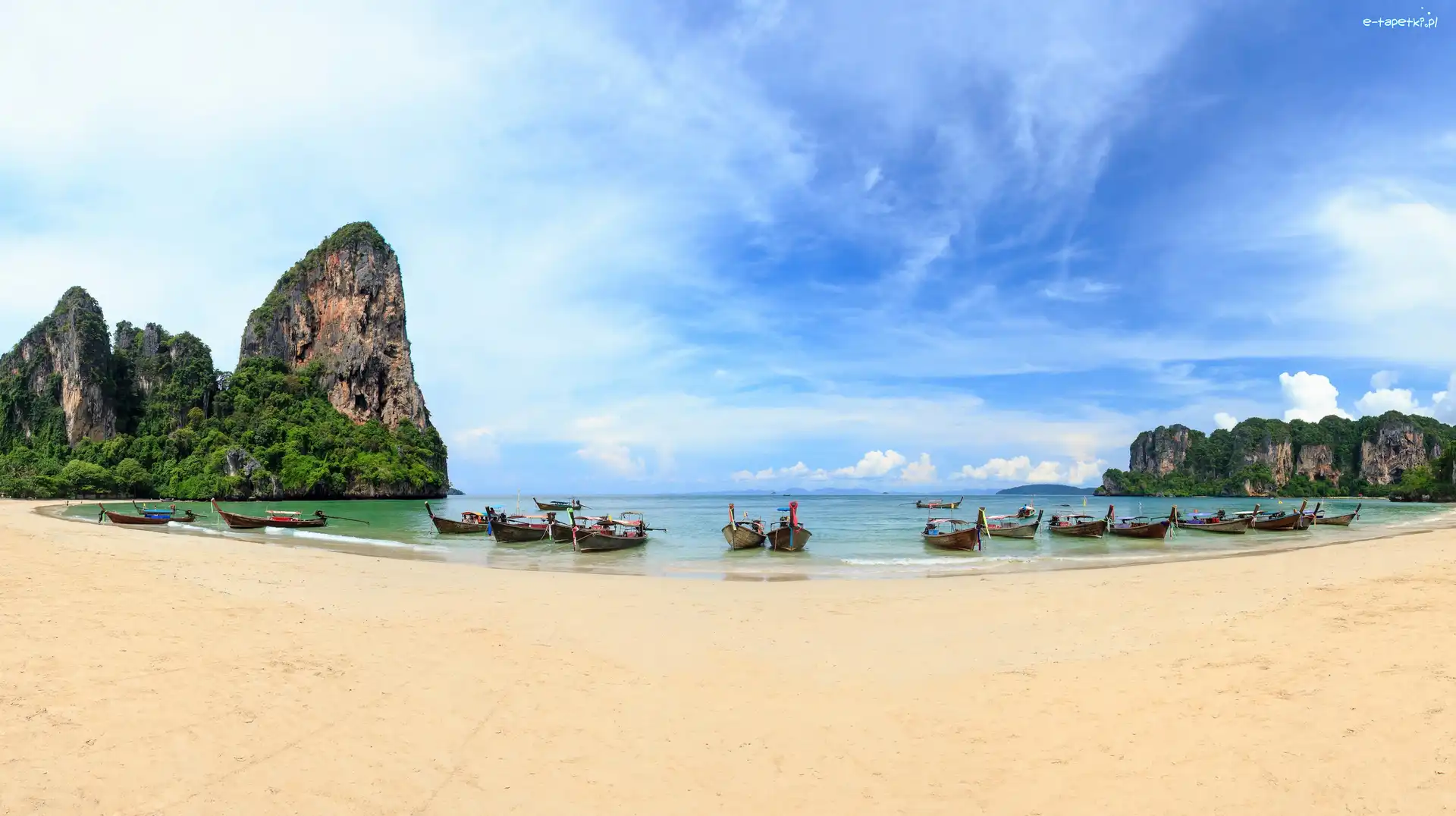 Łódki, Skały, Prowincja Krabi, Plaża Railay Beach, Morze Andamańskie, Drzewa, Tajlandia