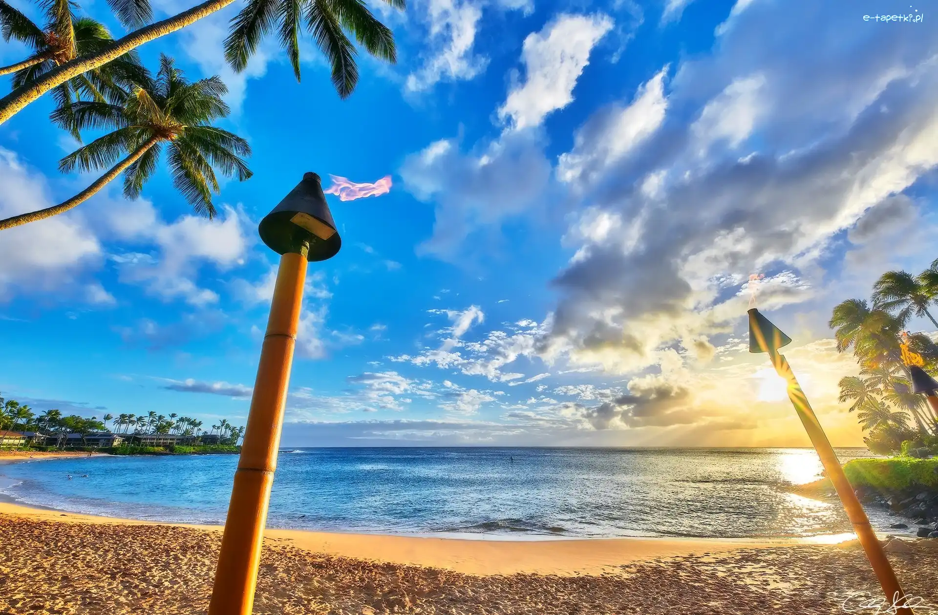 Chmury, Morze, Plaża, Wyspa Maui, Hawaje, Wschód słońca, Palmy