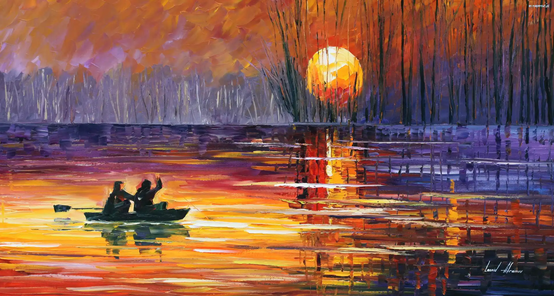 Drzewa, Jezioro, Łódka, Wschód słońca, Leonid Afremov, Malarstwo