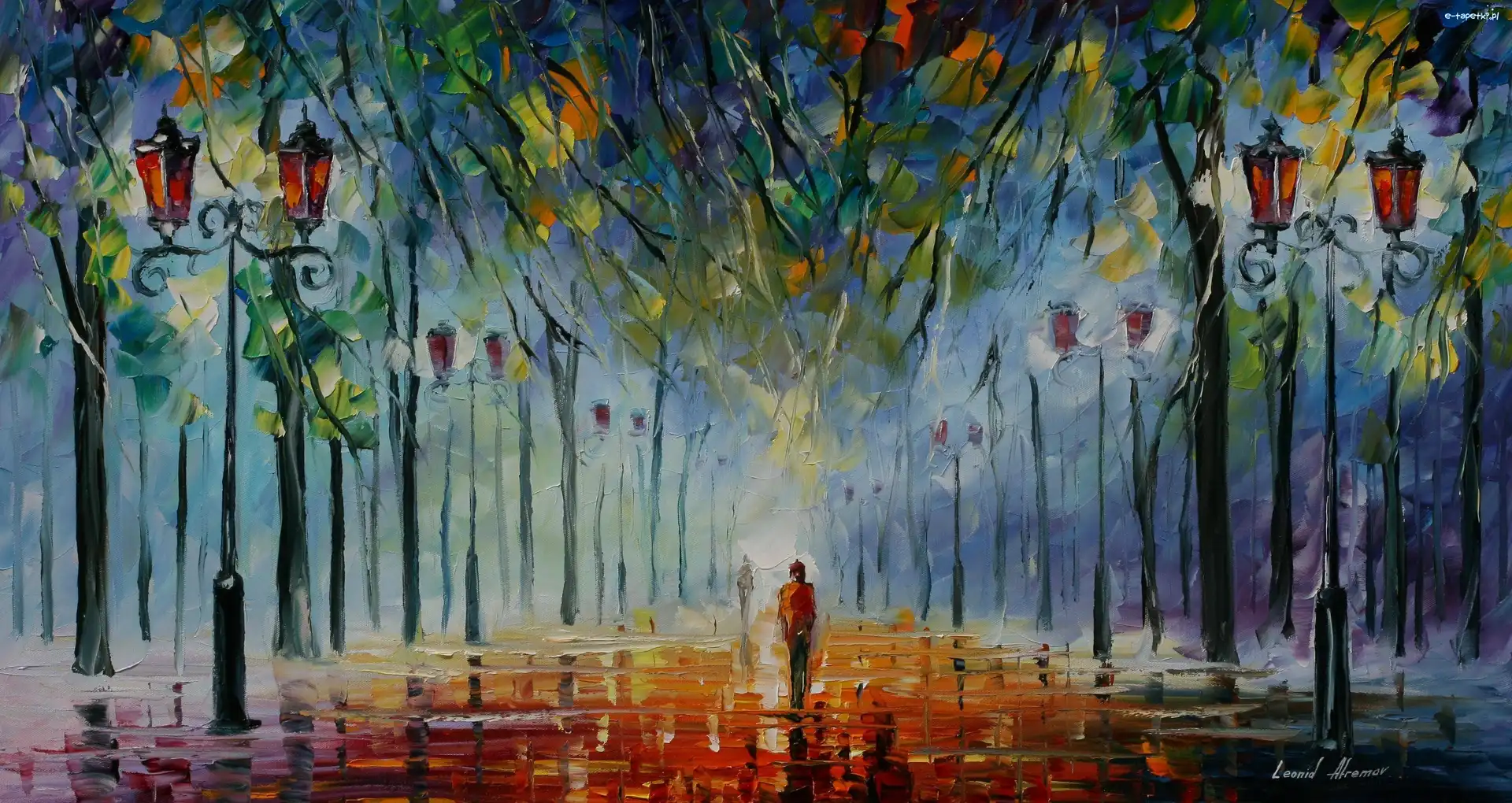 Malarstwo, Park, Leonid Afremov, Latarnie, Aleja
