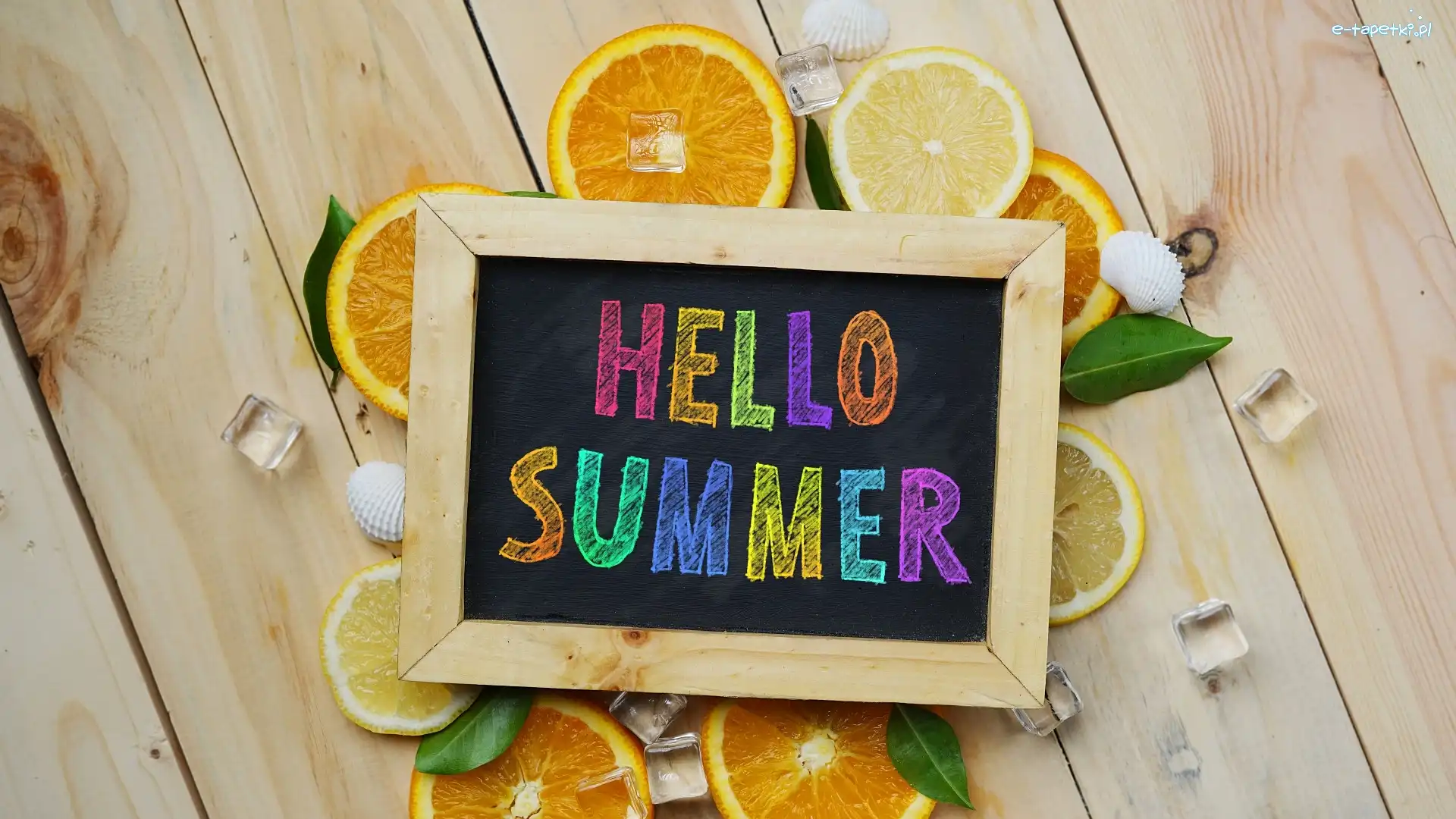 Plastry, Limonka, Hello Summer, Napis, Tabliczka, Deski, Lodu, Pomarańcze, Kostki