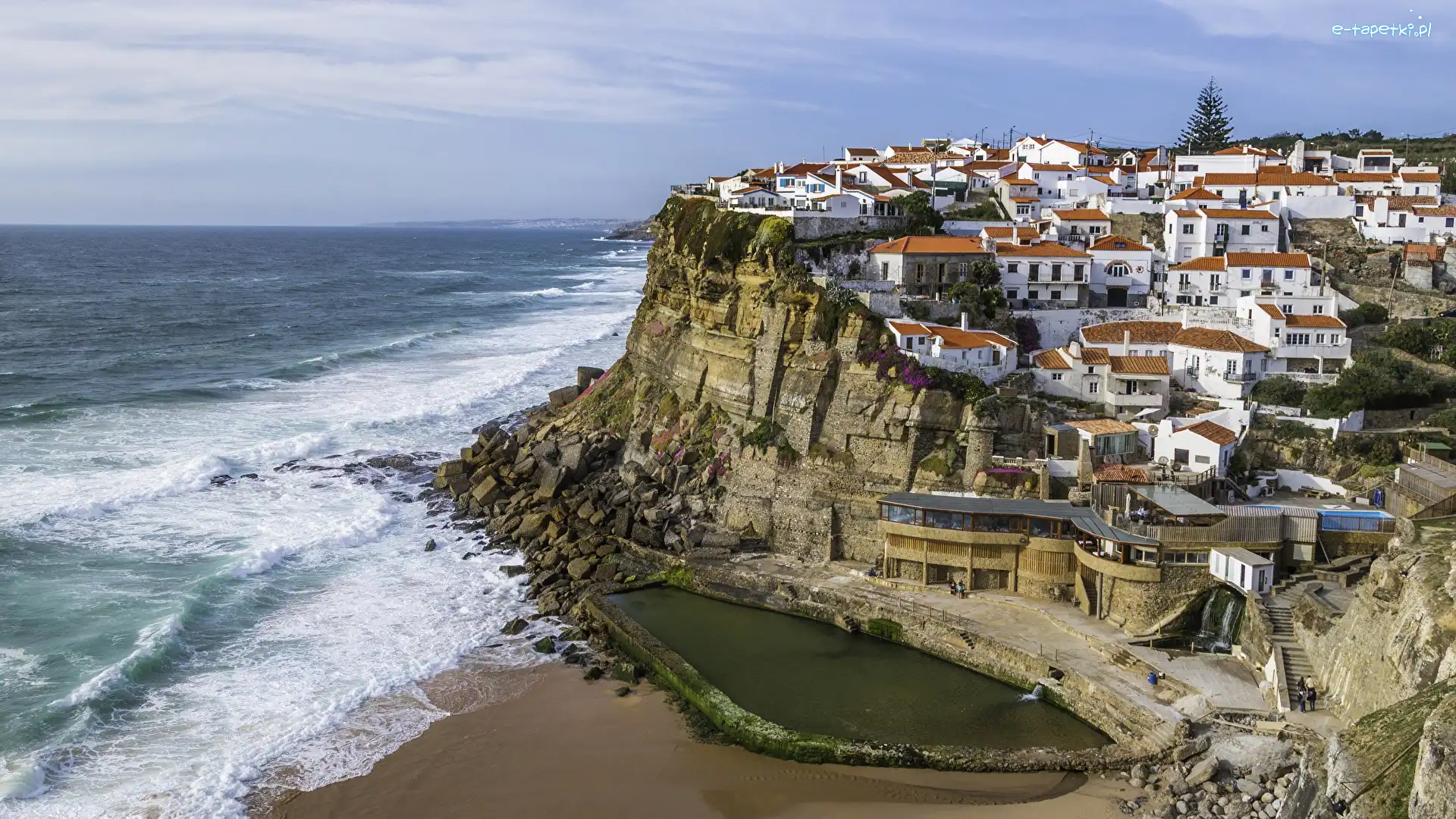 Morze, Miasteczko Azenhas do Mar, Klif, Wybrzeże, Portugalia, Domy, Skały