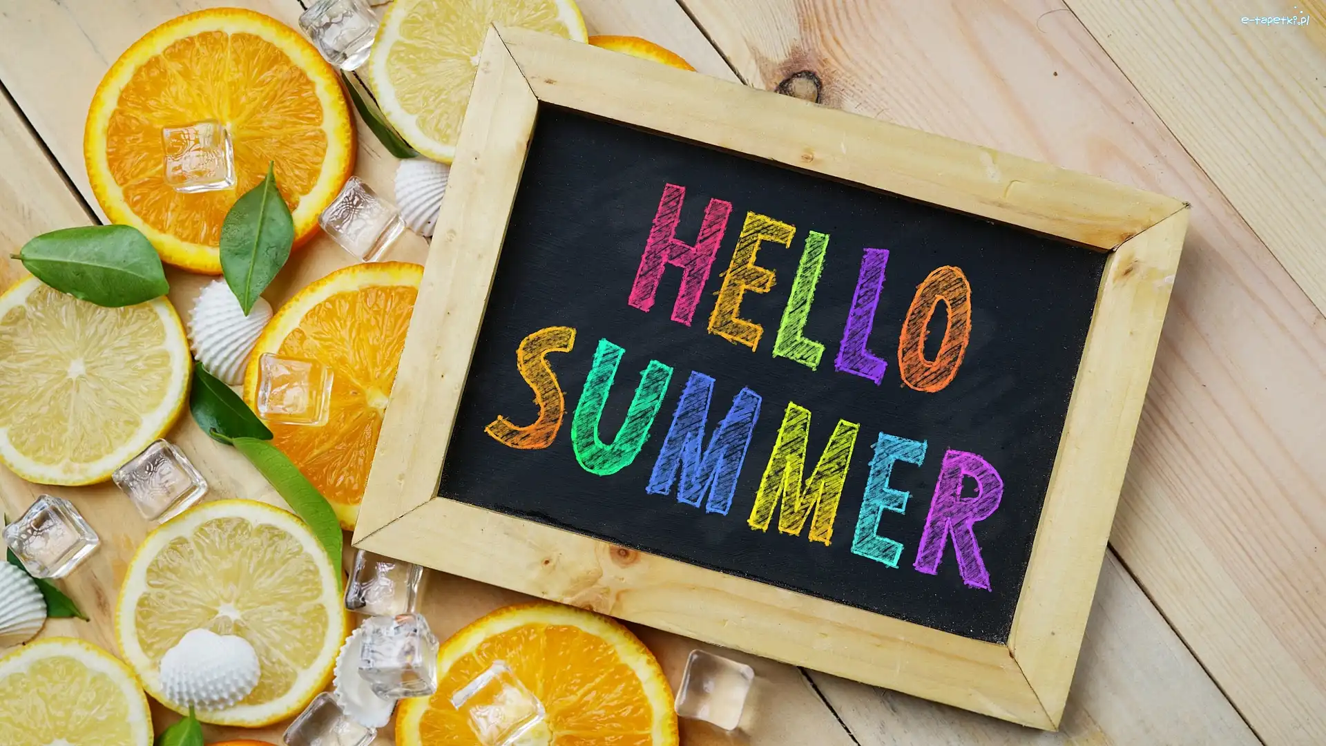 Lodu, Napis, Deski, Kostki, Muszelki, Pomarańcze, Plastry, Tabliczka, Hello Summer, Listki