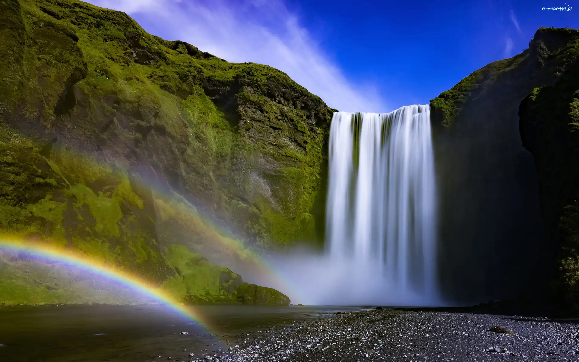 Wodospad Skogafoss, Roślinność, Islandia, Tęcza