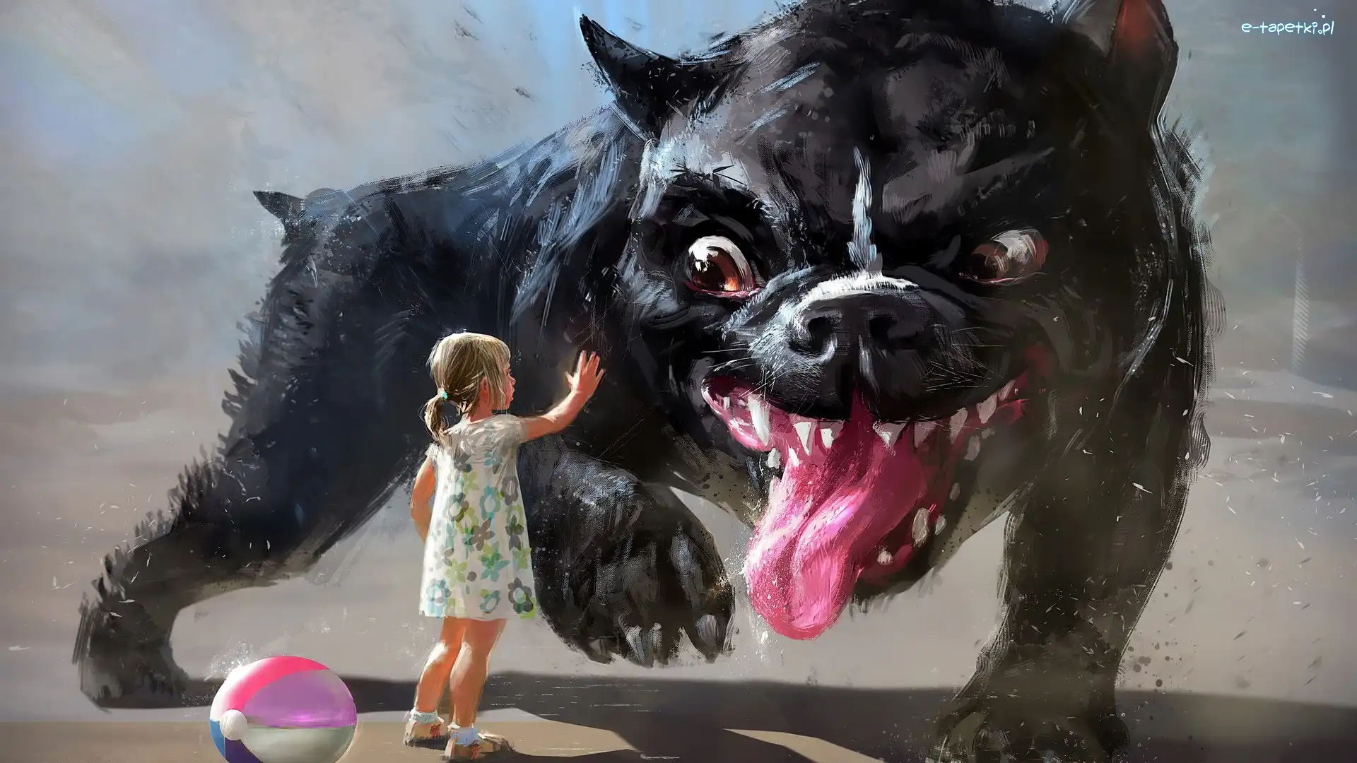 Piłka, Zły, Pies, Digital Art, Dziewczynka, Dziecko