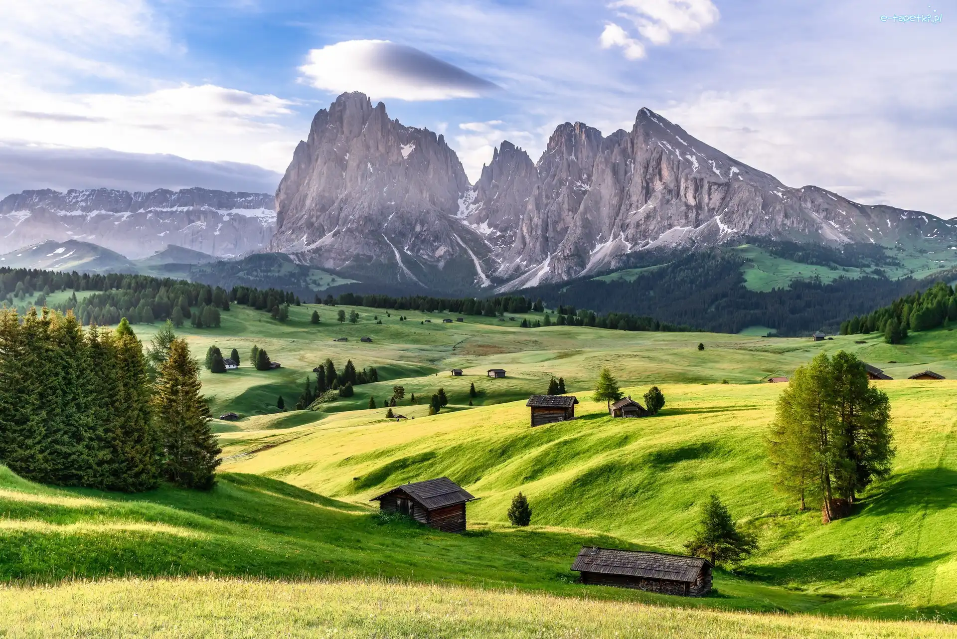 Drzewa, Włochy, Płaskowyż Seiser Alm, Dolomity, Góry Sassolungo, Chmury, Łąki, Dolina Val Gardena, Domy