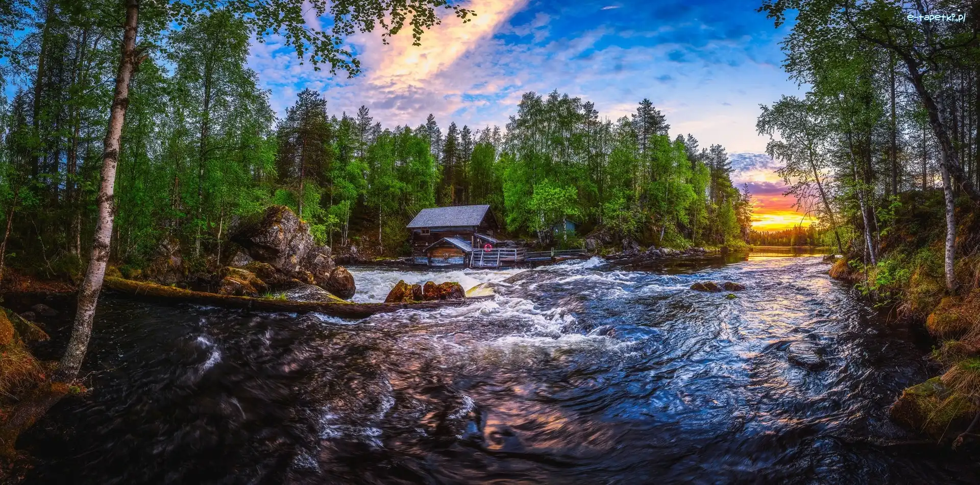Rzeka, Finlandia, Młyn Myllykoski, Drewniany, Park Narodowy Oulanka, Wschód słońca, Drzewa, Laponia, Las