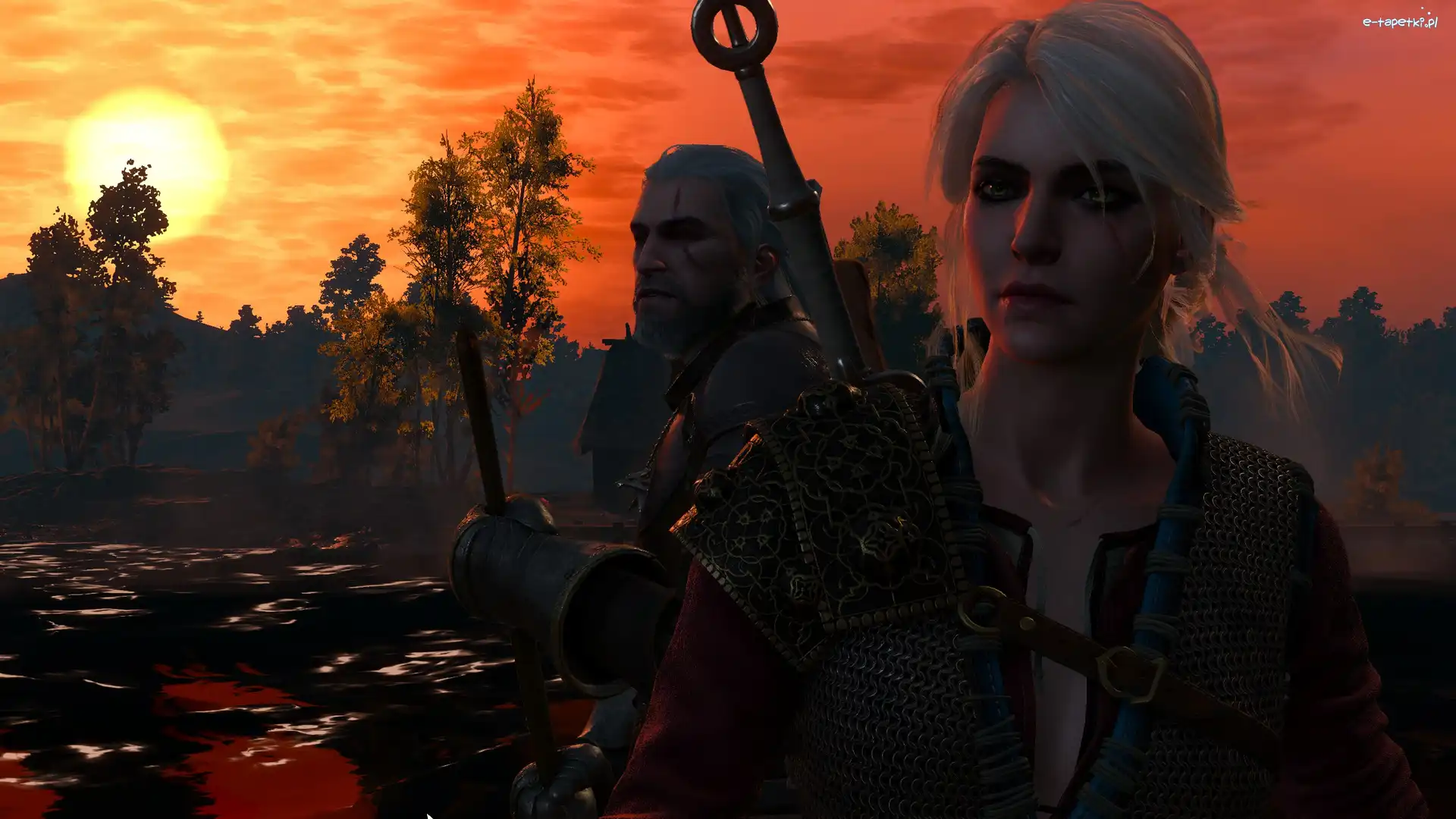 Ciri, Zachód słońca, Geralt, The Witcher 3 Wild Hunt, Wiedźmin 3 Dziki Gon